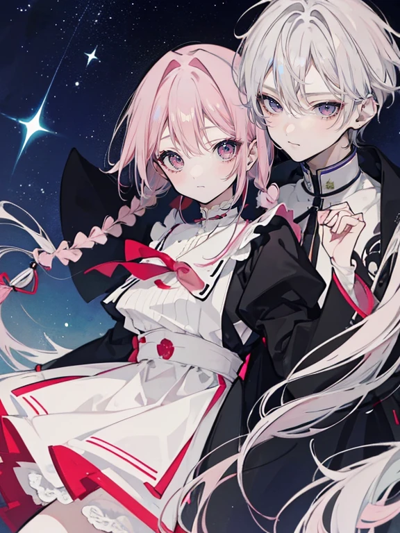 1 man, 1 woman, 1 boy(Shota boy Light pink hair Short hair with long braids in the back Boyish shota Red eyes High quality High resolution Dark Moe sleeves Sailor-like nun uniform Gothic ta prince style Piercings ) girl(Silver hair twin tails, ponytails, dress, starry sky motif) The two of them disappear into the sea. Holding hands, dynamism, tears, fleeting, happy, gratitude, high quality, high resolution, high quality, masterpiece, hugging, crying face, smiling happily, farewell, goodbye, bouquet