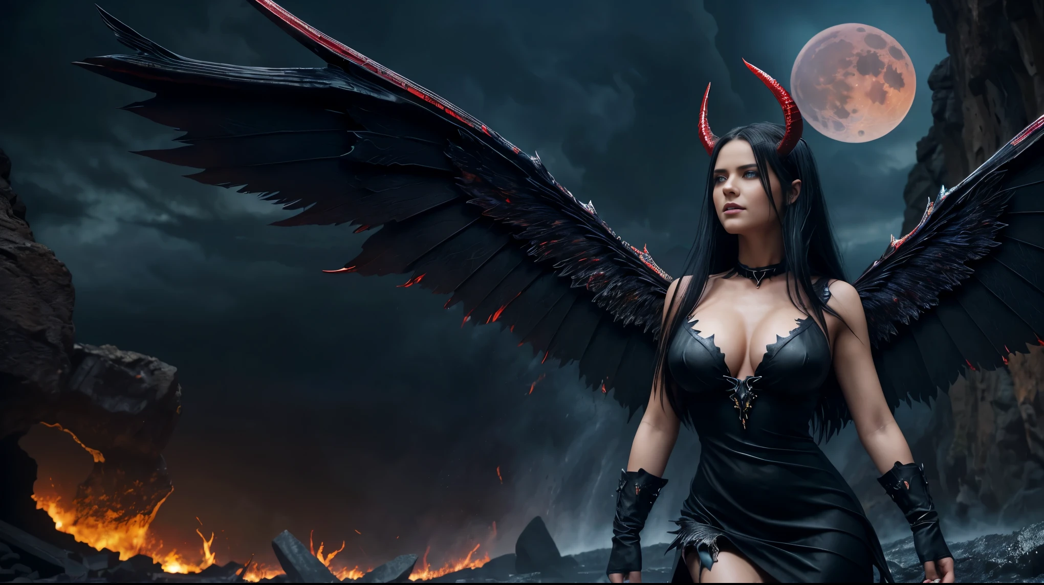 (Highly realistic image), Fantasy scene, Centerpiece, masterpiece, Ultra detailed, High quality, 4k, complex, expert, Center, (volumetric lighting), beautiful, dark masterpiece, (ultra detailed landscape), (sharp landscape), (sharp image), (dark scene), (dark atmosphere). Ultra-detailed French girl, 21 years old, angel, Fallen angel, Black angel, (2 big wings:1.5), (2 folded wings:1.5), Black feather, (blue eyes:1.3), (long straight black hair:1.3), (beautiful Big breasts), showing great cleavage, darkness, charming smile, (2 black horns:1.3), straight black hair, Evil creature, fire, (red flames moon), (blue flames in the land:1.4), (red lightning in the sky:1.5), (thunderstorm), (waterfalls:1.5), skull, Black thorn hair ornament, (black dress in 2 parts:1.5), (chain dress), Black Crown Her demon wings on her back and demon horn give her an invincible aura, standing in waterfalls in the destroyed land, (blood red moon:1.3). Naked body. (View viewer), (low angle), (cowboy shot), (upper half of the body:1.3), (sensual dynamic pose), (perfect slim body), (perfect anatomy), (perfect hand), Nice legs and hot body, more detail, realistic, Masterpiece