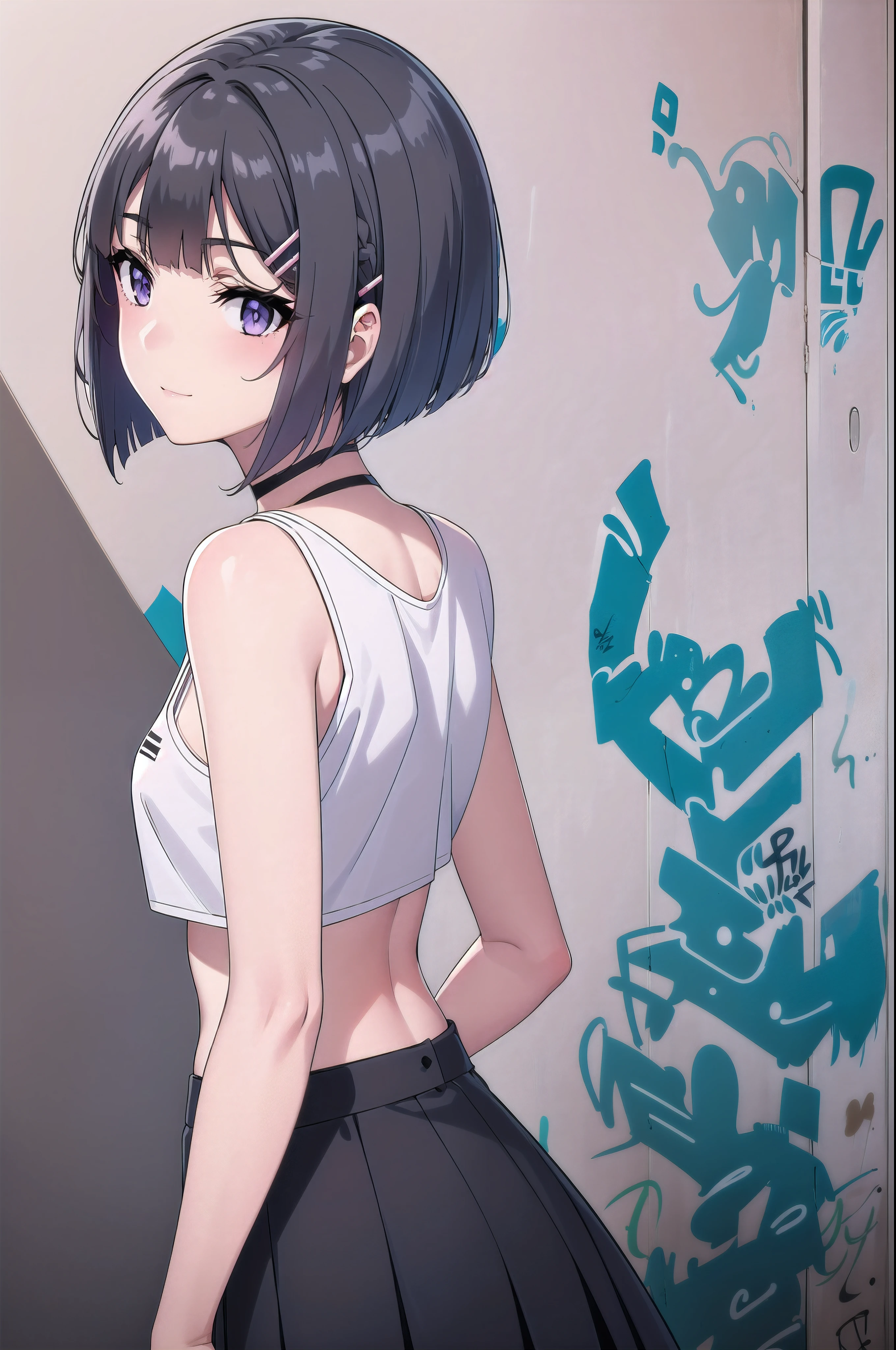 masterpiece, best quality, 1girl, solo, stylish crop top, hair ornament, (purple eyes:1.1), hairclip, smile, vibrant short grey hair, bobhair, short-hair, short bob hair, (((bobcut))), bob haircut, very short bob cut, lip length hair, blunt ends, (sciled bob), buzzed nape ((haircut:1.3)), undercut, bobbed hair, minibob, sidecut, shaved, graduation bob, straight short hair, short hair above the ears, Shot diagonally from the side, elegant braid, soft bangs, upper body, alluring choker, (graffiti:1.5), artistic paint splatter, seductive arms behind back, leaning against wall, exposed back, fashionable armband, urban hiphop style, flirty skirt, playful head tilt, intense expression, warm orange, dynamic asymmetrical design, bold geometric shapes, creative street art