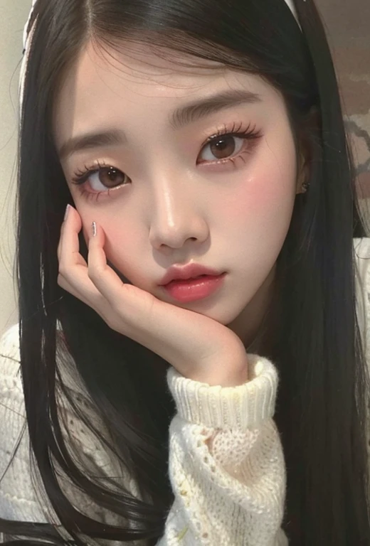 A close-up of a woman with long black hair and a white sweater, ulzzang, jinyoung shin, pale korean adorable face, Jaeyeon Nam, con cara linda - fina, jisoo de blackpink, joven y adorable rostro coreano, muchacha coreana, kim doyoung, Jisoo de Blackpink, jossi de blackpink, heonhwa choe, parque roseanne de blackpink