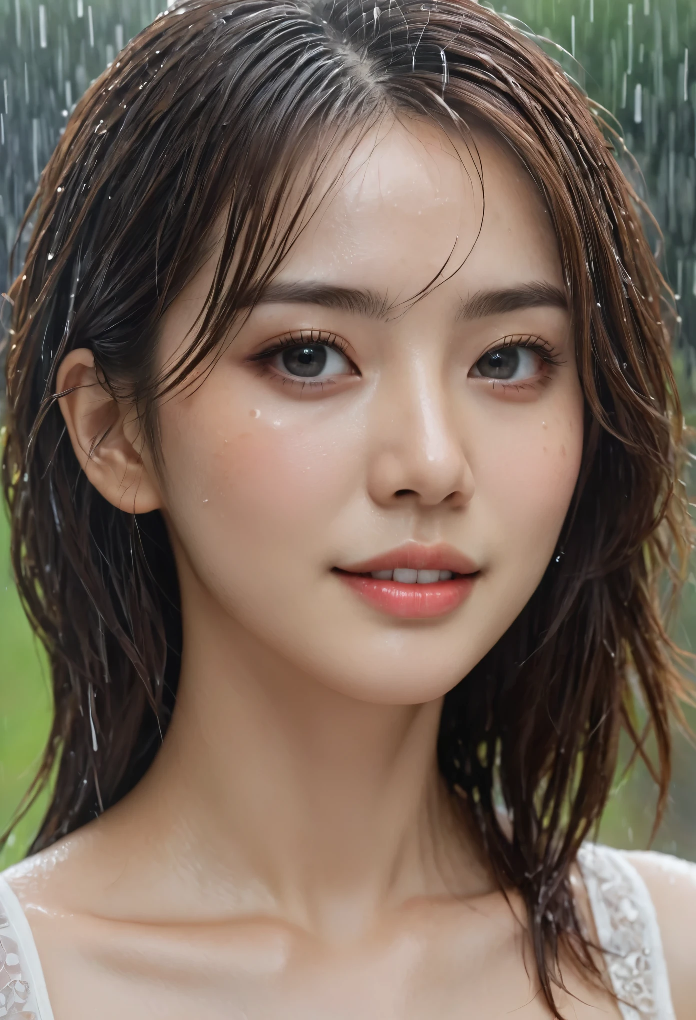 ((best quality, 8 thousand, masterpiece:1.3)), Concentrate upon: 1.2, perfect body beauty: 1.4, hip: 1.2, ((layered haircut, chest: 1.2)), (wet clothes: 1.1), (rain, distance:1.3), wet dress, Highly detailed face and skin texture, good eyes, double eyelid, Whitening skin, long hair, (shut up: 1.3), laugh