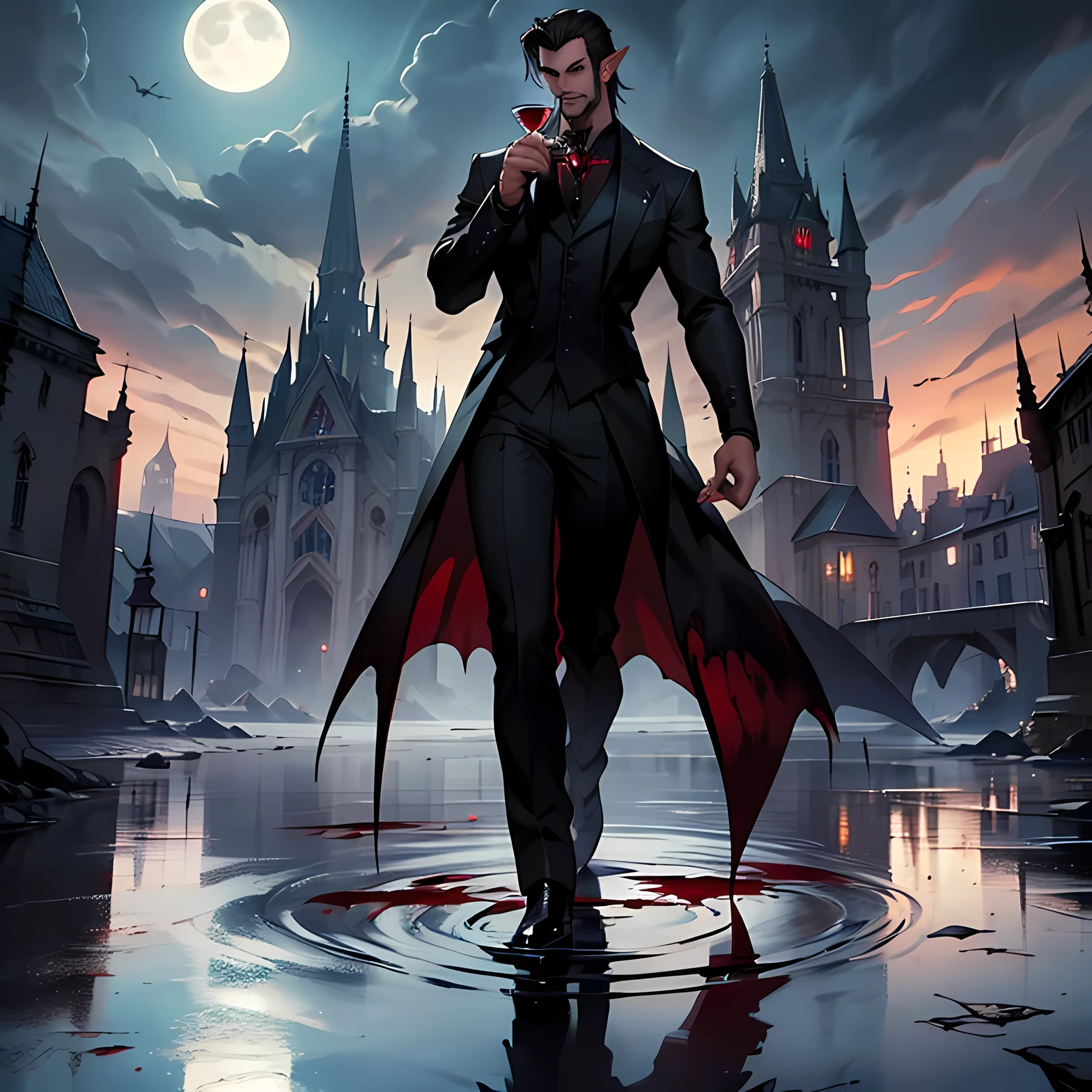 (tall,dark,handsome,vampire:1.2),(pointy ears,sharp teeth:1.1),(blood on face:1.1),(holding wine glass:1.1),red eyes,dark hair,moonlight,gothic style,ominous atmosphere,castle in the background,ancient architecture,hauntingly beautiful,reflection in the wine glass, elegant, beautiful