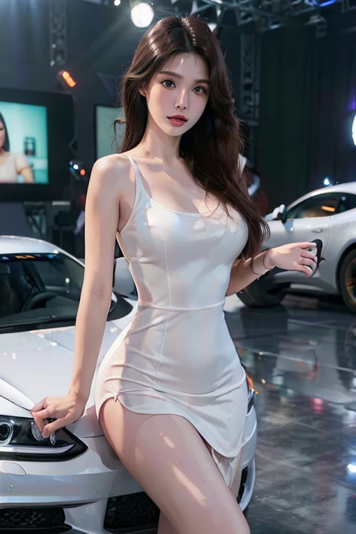 (Best quality,4K,8K,A high resolution,Masterpiece:1.2),Ultra-detailed,(Realistic,Photorealistic,photo-realistic:1.37),Luxury sports car,korean beautifull girl,mesmerizing looks,stunning features,Perfectly styled hair,Beautiful eyes with long eyelashes,Full and luscious lips,Flawless complexion,slim and toned body,Wear stylish and elegant dresses,Show yourself confidently in front of a luxury sports car,Large breasts,deep v big breasts,The brilliant lights highlight her beauty,Bright colors enhance the overall image,Studio setup with professional photography techniques,Showcasing the perfect combination of beauty and automotive craftsmanship.