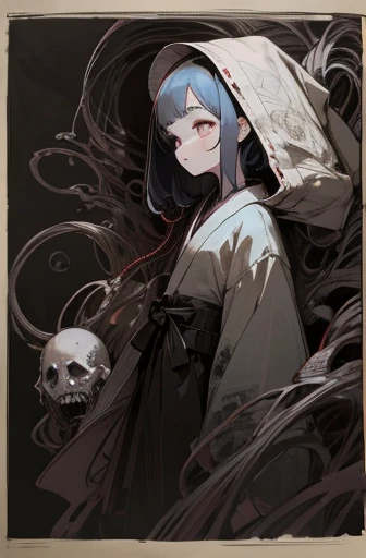 ((Girl connected to many cables))、cutting edge machinery, scribble, nightmare, doll-like face, cartoon style, rough sketch, , (masterpiece), (High resolution), (super delicate), (clear), Comic book style illustrations,(Horror elements), Japanese painting illustration, full body,(snap shot),crazy illustration, antique, dark atmosphere, flat illustration, creepy appearance, Characteristic hairstyle, creative accessories, Unique atmosphere、