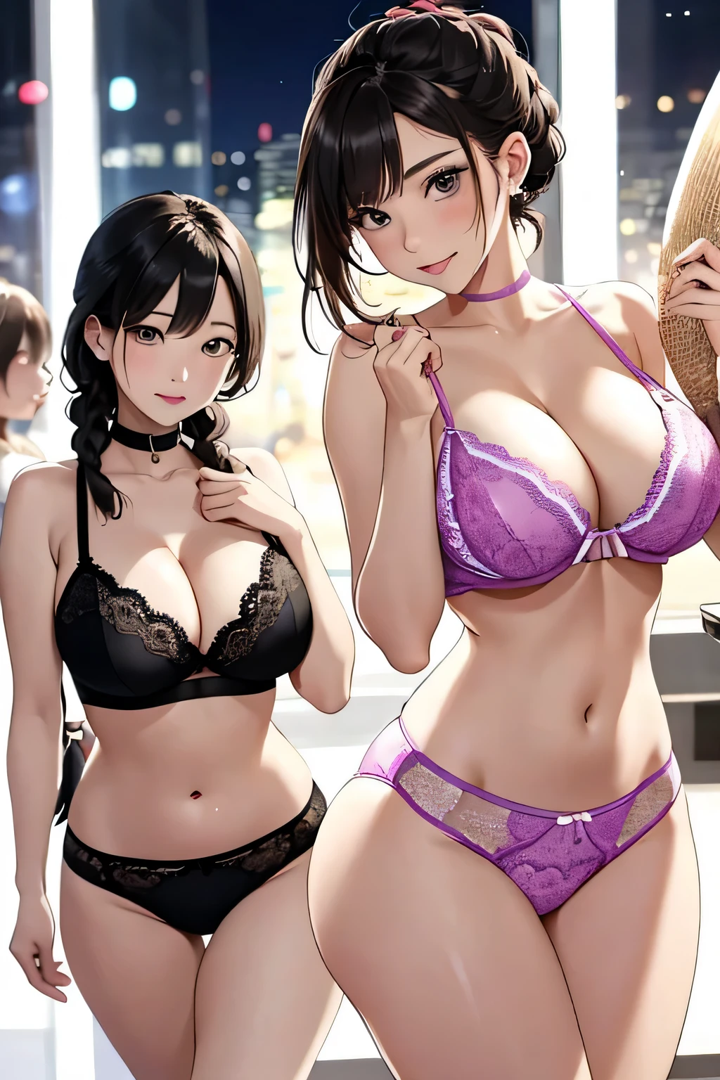 (highest quality、High resolution、detailed background)、(Highly detailed beautiful face:1.4)、Beautiful woman in her 20s、(three women:1.2)、braided bob、braided ponytail、braided hairstyles、(huge breasts:1.3)、realistic、perfect body line、thick thighs、Attractive big ass、Healthy and beautiful、cute gesture、cute、Highlight your attractive buttocks、Emphasize feminine silhouetteake your body line look beautiful、Accentuate your attractive big butt、cute、
Enjoy the sexy atmosphere by throwing a party with your friends、
Trying on new lingerie、You can feel confident and feminine、
Women enjoying each other's sexy side、Create a relaxing atmosphere、
Exchange lingerie sets to try them on and discuss your favorite brands and designs.、
Enjoy a relaxing time with friends and enjoy delicious food and drinks.、cute gesture、cute