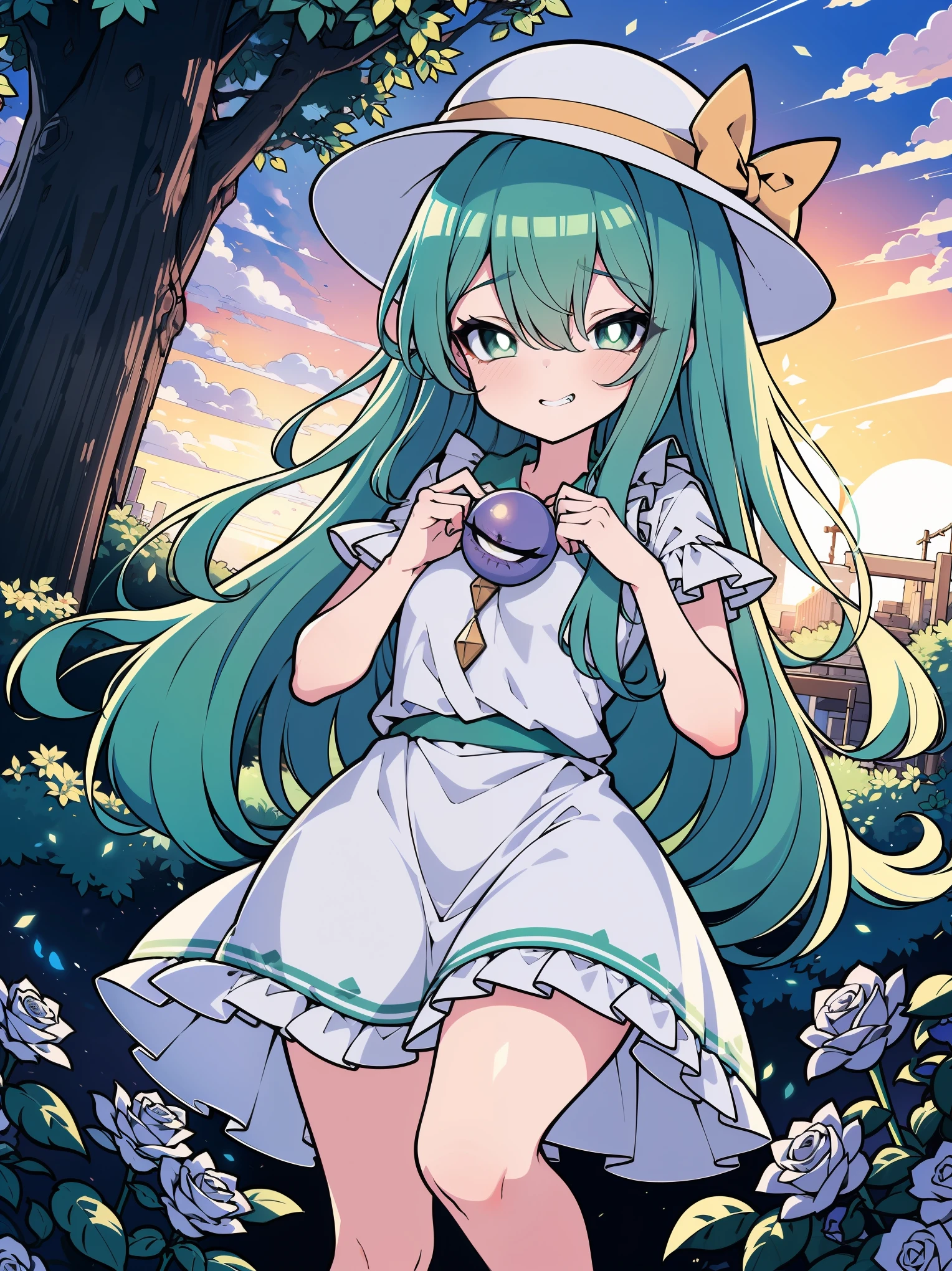 (colorful:1.1), glowing, (ultra-high resolution, depth of field:1.2), looking at viewer, (komeiji koishi:1.1), (1woman), adult, Touhou project, medium breasts, (dark green eyes), white pupils, glowing eyes, green hair, wavy hair, (long hair), ponytail, (wearing a white summer dress:1.2). A closed blue-purplish "third eye" is positioned over her heart, with cords wrapped around her torso and attached to each of her ankles, (blue roses in the background), garden scenery, (sunset), grinning, (squinting eyes)
