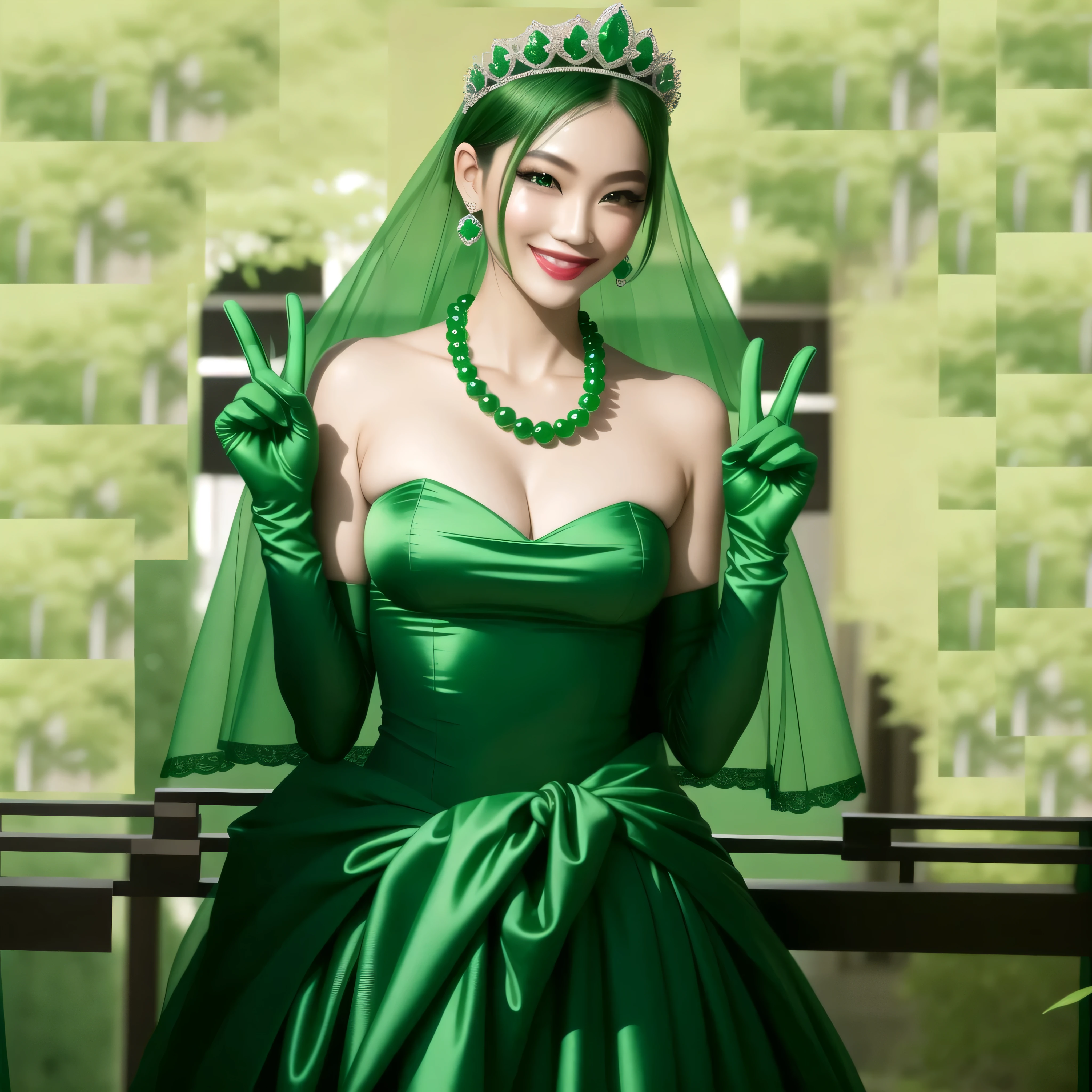 emerald tiara, green pearl necklace, boyish very short green hair, green lips, smiling Japanese woman, very short hair, Beautiful woman with big breasts, green eyes, green satin long gloves, green eyes, emerald earrings, green veil, Heart with both hands, green hair, beautiful japanese woman, V sign, green lip gloss