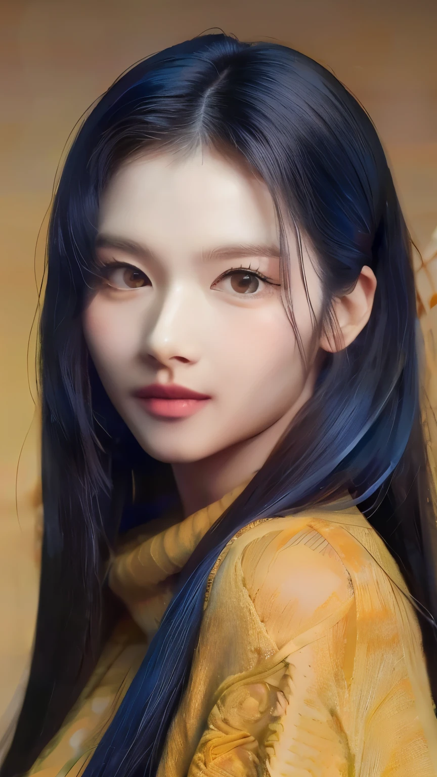 A closeup of a woman with long black hair wearing a yellow sweater, retrato suave 8 k, realista. ChengYi, kawaii realista portrait, Renderizado de retratos en 8k, inspirado en Yanjun Cheng, muchacha coreana, hermoso retrato de cara, pelo negro y ojos grandes, beautiful realista photo, yanjun chengt, beautiful realista face, photorealista beautiful face,  Face Korean, Korean Woman, Korean Fem, K-pop group, K-pop Twice, Twice, Sana, Sana Face, Sana Twice, Minatozaki sana, Sana k-pop