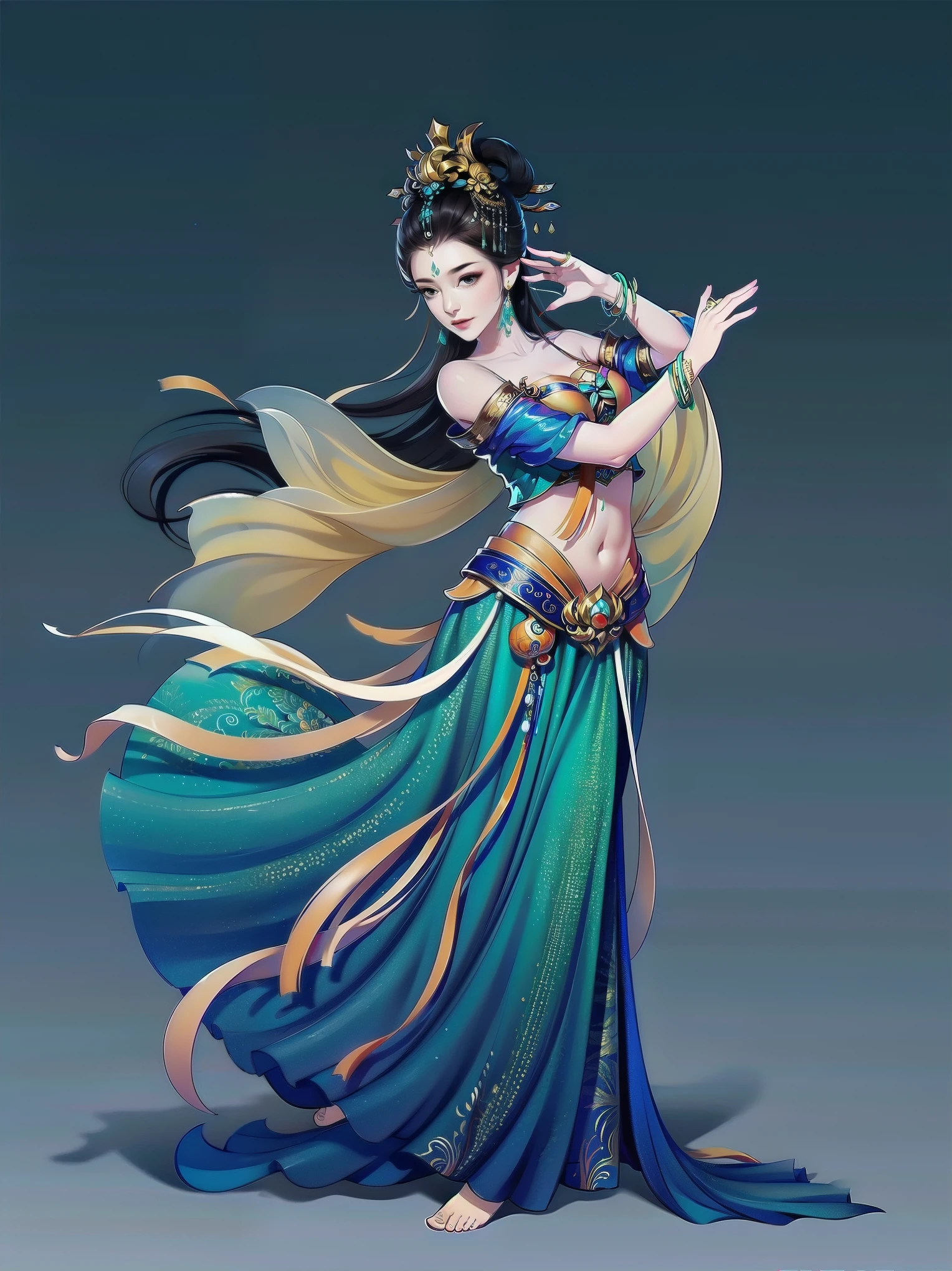 （masterpiece，super detailed，HD details，highly detailed art）1 girl，whole body，barefoot，Feitian，bare shoulders，Show belly，jewelry，xianxia，Gorgeous dance costumes，elegant，elegant，Highly detailed character designs from East Asia，Game character costume design，simple，ultra high resolution, sharp focus, epic work, masterpiece, (Very detailed CG unified 8k wallpaper)，pretty face，beautiful eyes，HD details