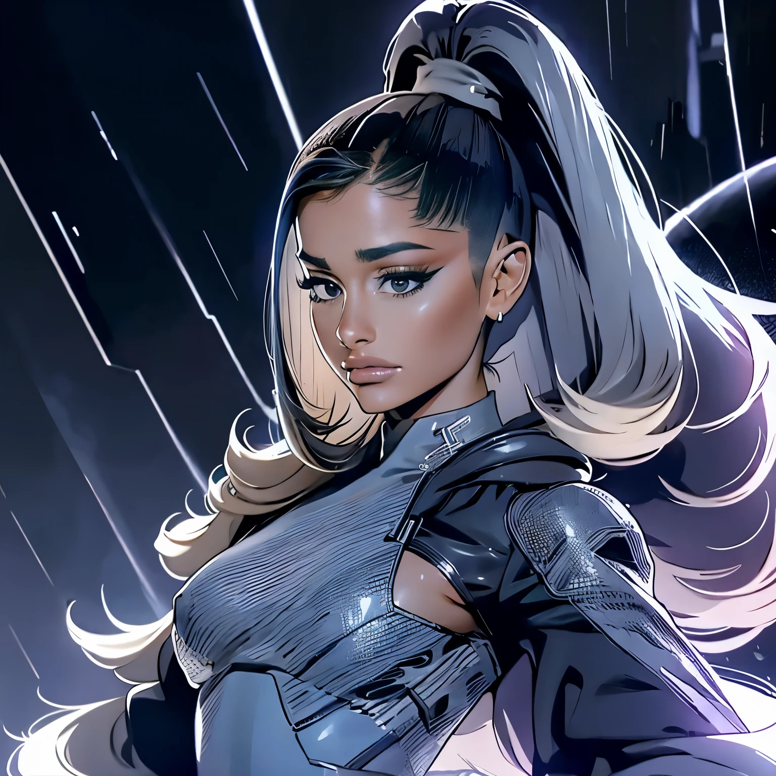 Ariana Grande during her collaboration with Lady Gaga on the song "Rain On Me".  Ariana is pictured with her signature high, voluminous ponytail, wearing a set of futuristic and elegant outfits that reflect the style of the music video.  Her facial expression is confident and powerful, conveying the determination and strength that the song evokes.  Raindrops are falling around her, creating a dynamic and dramatic scene.  In the background, glimpses of lightning and dark clouds hint at the emotional storm that permeates the song.