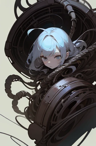 ((Girl connected to many cables))、run away、cutting edge machinery, scribble, nightmare, doll-like face, cartoon style, rough sketch, , (masterpiece), (High resolution), (super delicate), (clear), Comic book style illustrations,(Horror elements), Japanese painting illustration, full body,(snap shot),crazy illustration, antique, dark atmosphere, flat illustration, creepy appearance, Characteristic hairstyle, creative accessories, Unique atmosphere、
