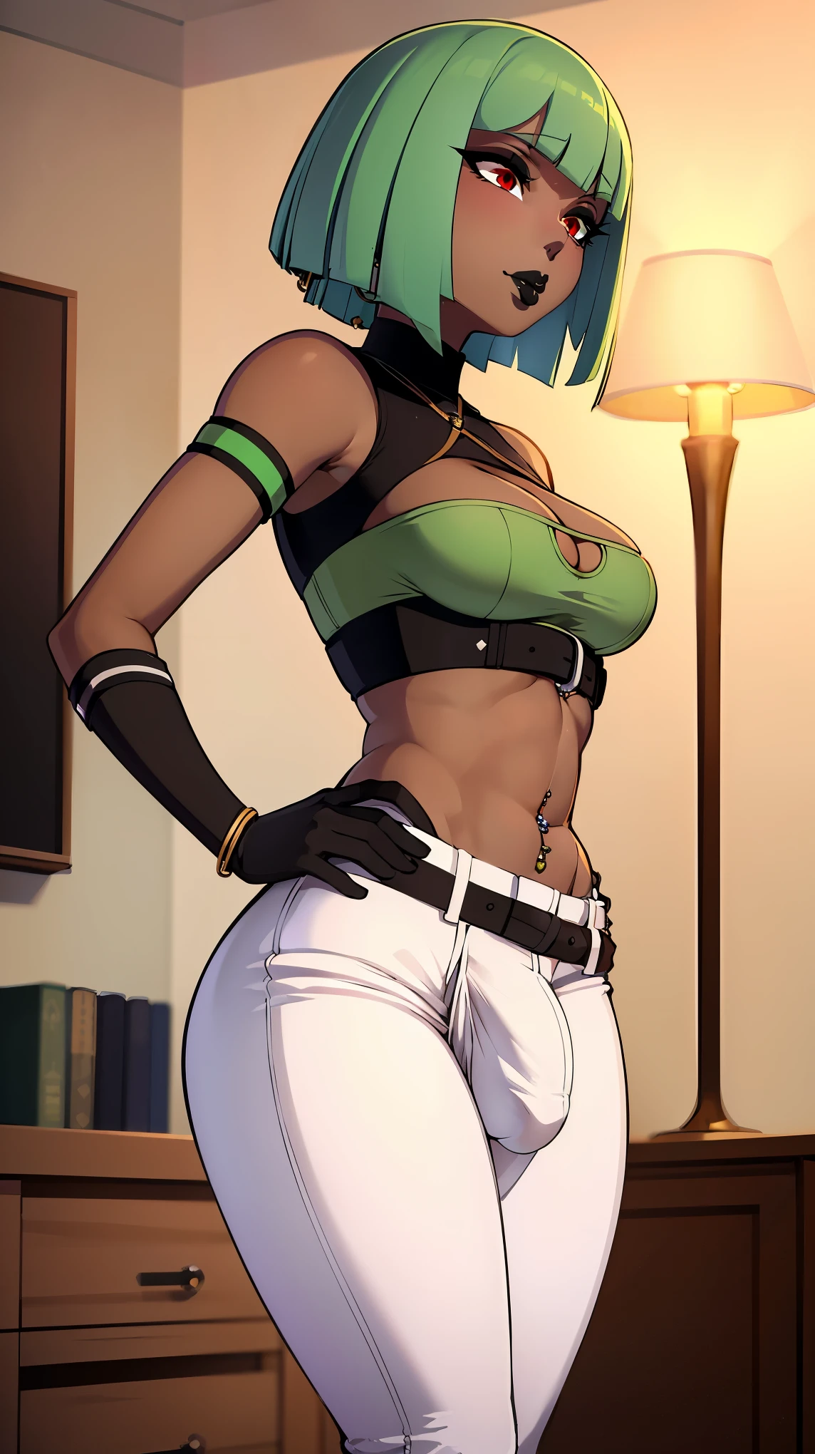 (solo:1.1),(masterpiece), (best quality:1.3), highly detailed, intricate, professional art, digital art, absurdres, confidant, emerald sustrai, futanari emerald sustrai wearing a green crop-top cleavage cutout detached sleeves and pants confidently posing with hand on hip indoors, pants, 1girl, solo, (dark skin:1.4), green hair, bob hair, gold hoop earrings, gold jewellery, ab lines, (gold navel piercing:1.1), detailed stomach, red eye colour, dark skin, small breasts, (aroused:1.2), (futanari:1.1), (wide hips:1.4), (makeup 1:1), beestung lips, (black lipstick:1.3), penis bulge, pants straps riding hips, (crotch bulge:1.4), crotch bulge, testicle bulge , furniture, side view, bubble butt, protruding butt, universal lighting