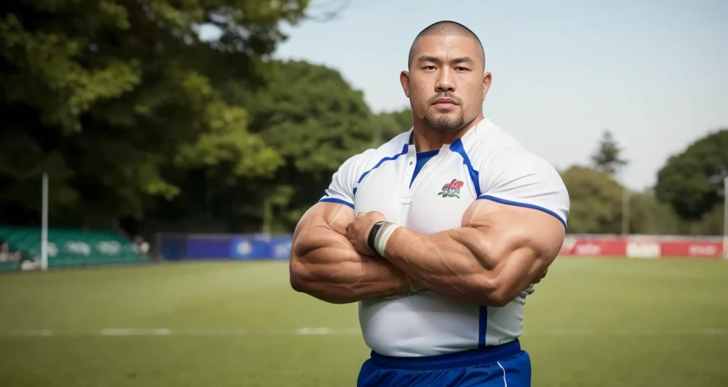 (rugby uniform:1.4), (at rugby ground:1.4), 40's, Japanese man, Chinese man, Korean man, Taiwanese man, manly face, fat face, (round face:1.4), (monolid eyes:1.2), (buzz cut:1.6), very large and strong body, bulky body, beefy muscles, (bulging muscles:1.4), (very large pectoral muscles:1.4), bulky chest, (muscular arms:1.4), muscular abs, muscular legs, muscular back, brightens oily skin, master piece, (realistic:1.4), panorama, distant view