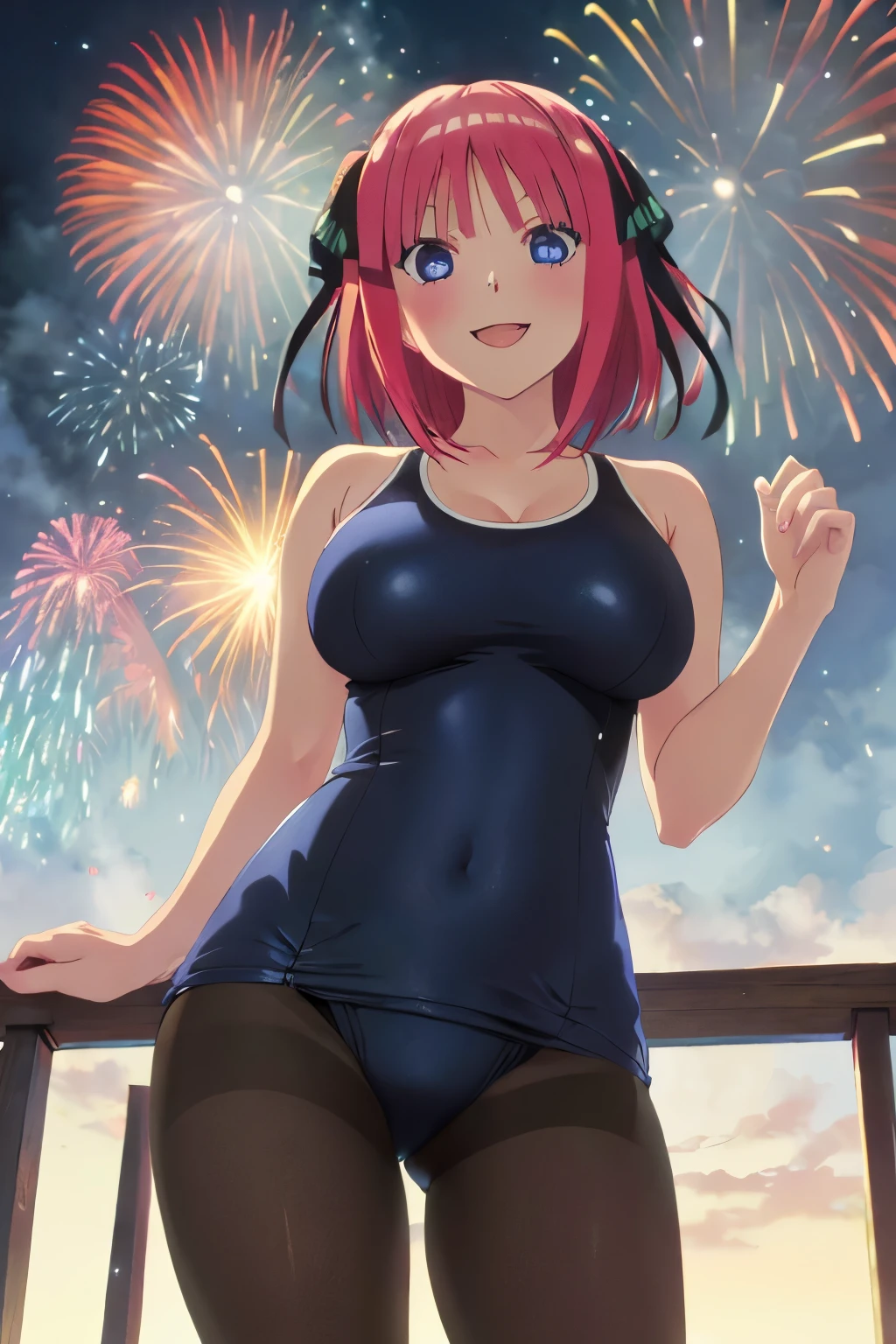 High resolution, (masterpiece: 1.4), Super detailed, (1 female: 1.3), (alone: 1.4), firework, short bob, smile, light, Makoto Shinkai style,Ultra-fine illustration, Bright colors, cinematic light, exciting light production, attention to detail, Bright colors, Large lateral breasts, think back, Happy, smile, from below,anime art style, cute characters, nino nakano, one-piece swimsuit, large breasts, pantyhose