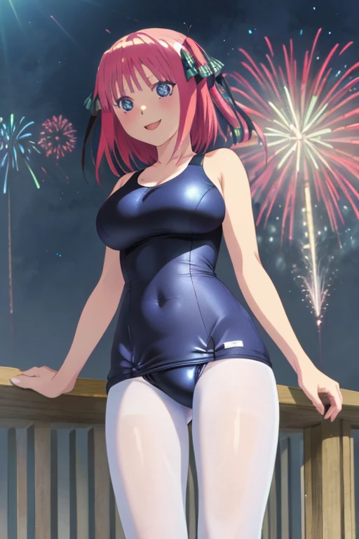  High resolution, (masterpiece: 1.4), Super detailed, (1 female: 1.3), (alone: 1.4), firework, short bob, smile, light, Makoto Shinkai style,Ultra-fine illustration, Bright colors, cinematic light, exciting light production, attention to detail, Bright colors, Large lateral breasts, think back, Happy, smile, from below,anime art style, cute characters, nino nakano, one-piece swimsuit, large breasts, pantyhose