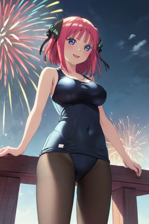  High resolution, (masterpiece: 1.4), Super detailed, (1 female: 1.3), (alone: 1.4), firework, short bob, smile, light, Makoto Shinkai style,Ultra-fine illustration, Bright colors, cinematic light, exciting light production, attention to detail, Bright colors, Large lateral breasts, think back, Happy, smile, from below,anime art style, cute characters, nino nakano, one-piece swimsuit, large breasts, pantyhose