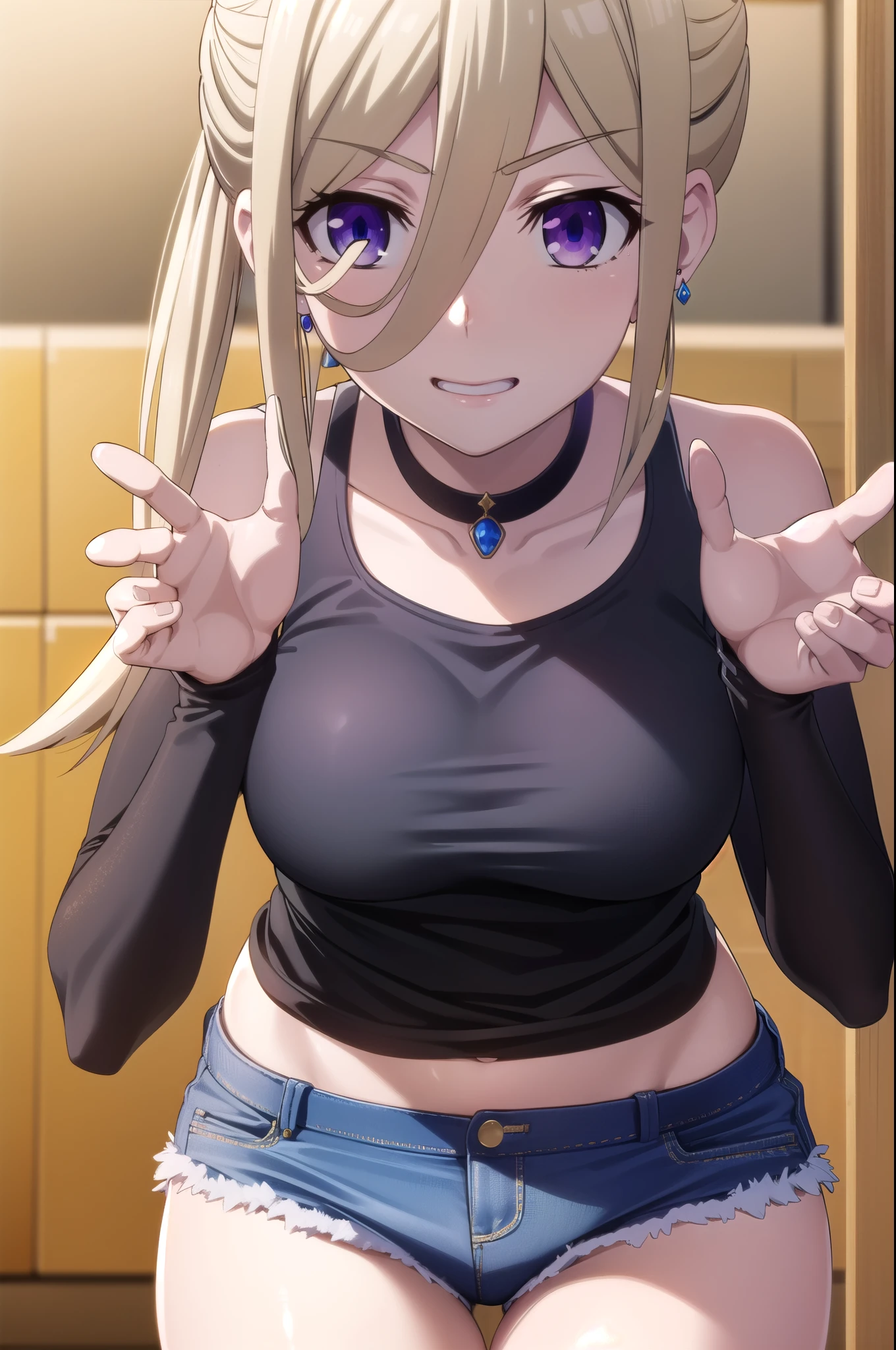 ellenmiramathers, ellen mira mathers , alluring smile, beautiful, long hair, blonde hair, (purple eyes:1.1), neck chokers, g cup breast,earrings, short sleeve crop top low cut, square neck, cleavage,jeans, short pants, bewitched thighs, 
BREAK ,
BREAK indoors, office,
BREAK looking at viewer, (cowboy shot:1.5),
BREAK (masterpiece:1.2), best quality, high resolution, unity 8k wallpaper, (illustration:0.8), (beautiful detailed eyes:1.6), extremely detailed face, perfect lighting, extremely detailed CG,(perfect hands, perfect anatomy),