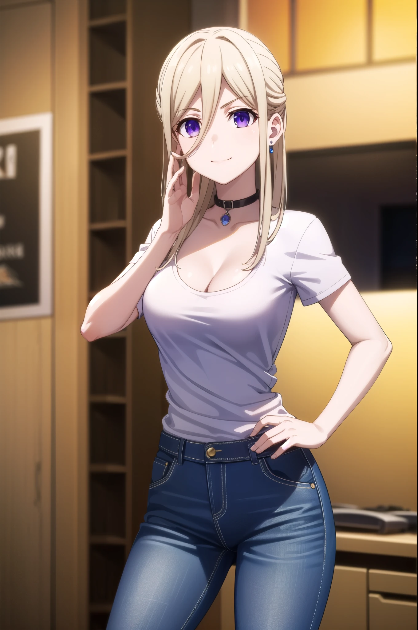 ellenmiramathers, ellen mira mathers , alluring smile, beautiful, long hair, blonde hair, (purple eyes:1.1), neck chokers, g cup breast,earrings, short sleeve crop top low cut, square neck, cleavage,jeans, short pants, bewitched thighs, 
BREAK ,
BREAK indoors, office,
BREAK looking at viewer, (cowboy shot:1.5),
BREAK (masterpiece:1.2), best quality, high resolution, unity 8k wallpaper, (illustration:0.8), (beautiful detailed eyes:1.6), extremely detailed face, perfect lighting, extremely detailed CG,(perfect hands, perfect anatomy),