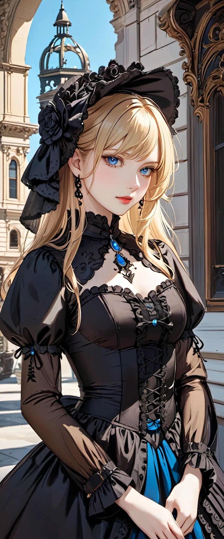 woman wearing dress and boots , baroque dress, wearing a detailed steampunk dress, elegant gothic princess, victorian gothic ta fashion, historical baroque dress dark, black gothic loliress, fantasy style clothing, rococo dress, black rococo, fantasy costume, wearing a gothic dress, romantic dress, gothic dress,blonde,,(((upper body portrait)))blue eyes,city