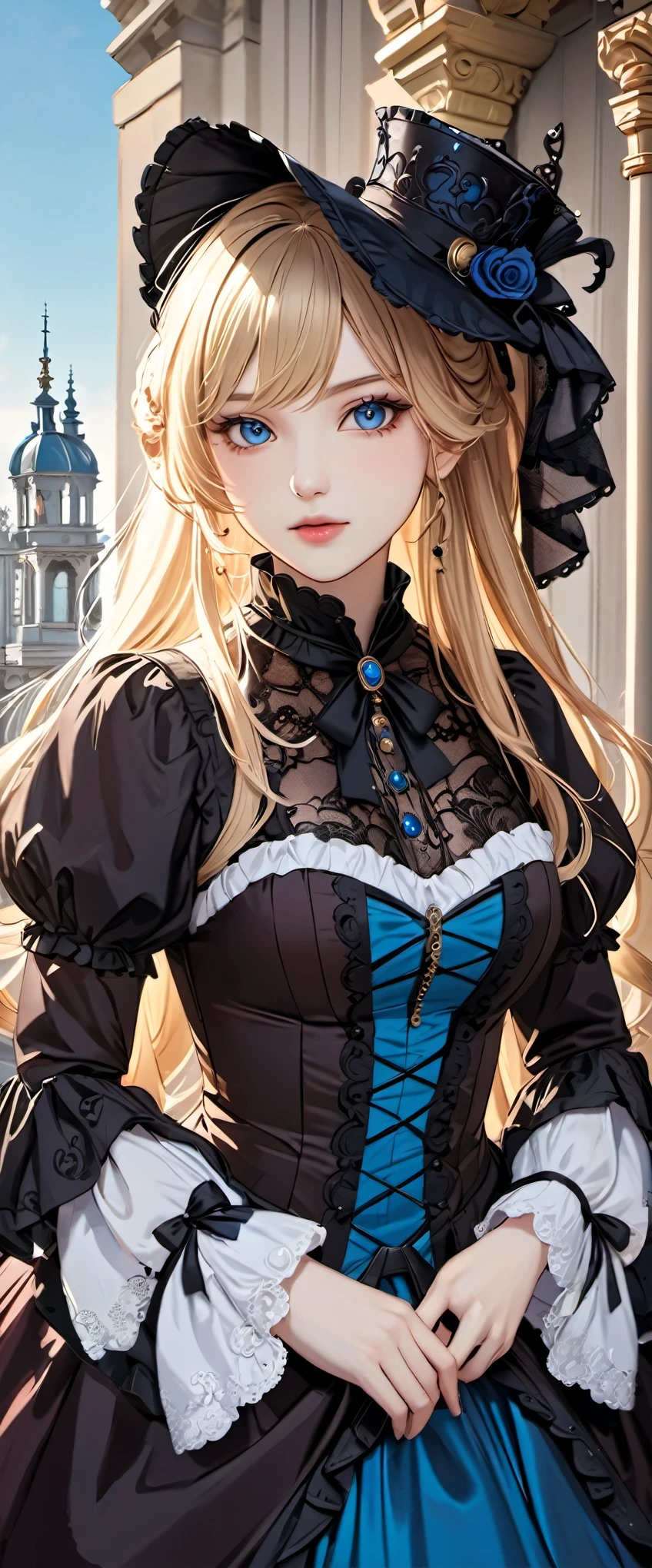 woman wearing dress and boots , baroque dress, wearing a detailed steampunk dress, elegant gothic princess, victorian gothic ta fashion, historical baroque dress dark, black gothic loliress, fantasy style clothing, rococo dress, black rococo, fantasy costume, wearing a gothic dress, romantic dress, gothic dress,blonde,,(((upper body portrait)))blue eyes,city