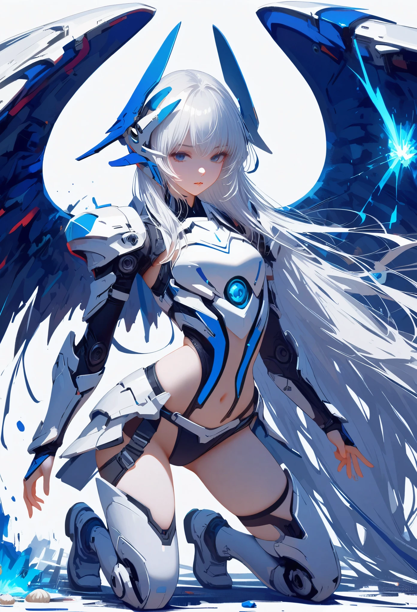 masterpiece, best quality, colorful, cowboy shooting, (pale skin:1.2), flat chest, Mecha, armor, girl,Mechanical_Body, High resolution, white hair, Very long hair, garlic, , alone, blue eyes, white coat, Soft fabric waist extension, blue energy, destroy, quantum energy, Mechanical wings