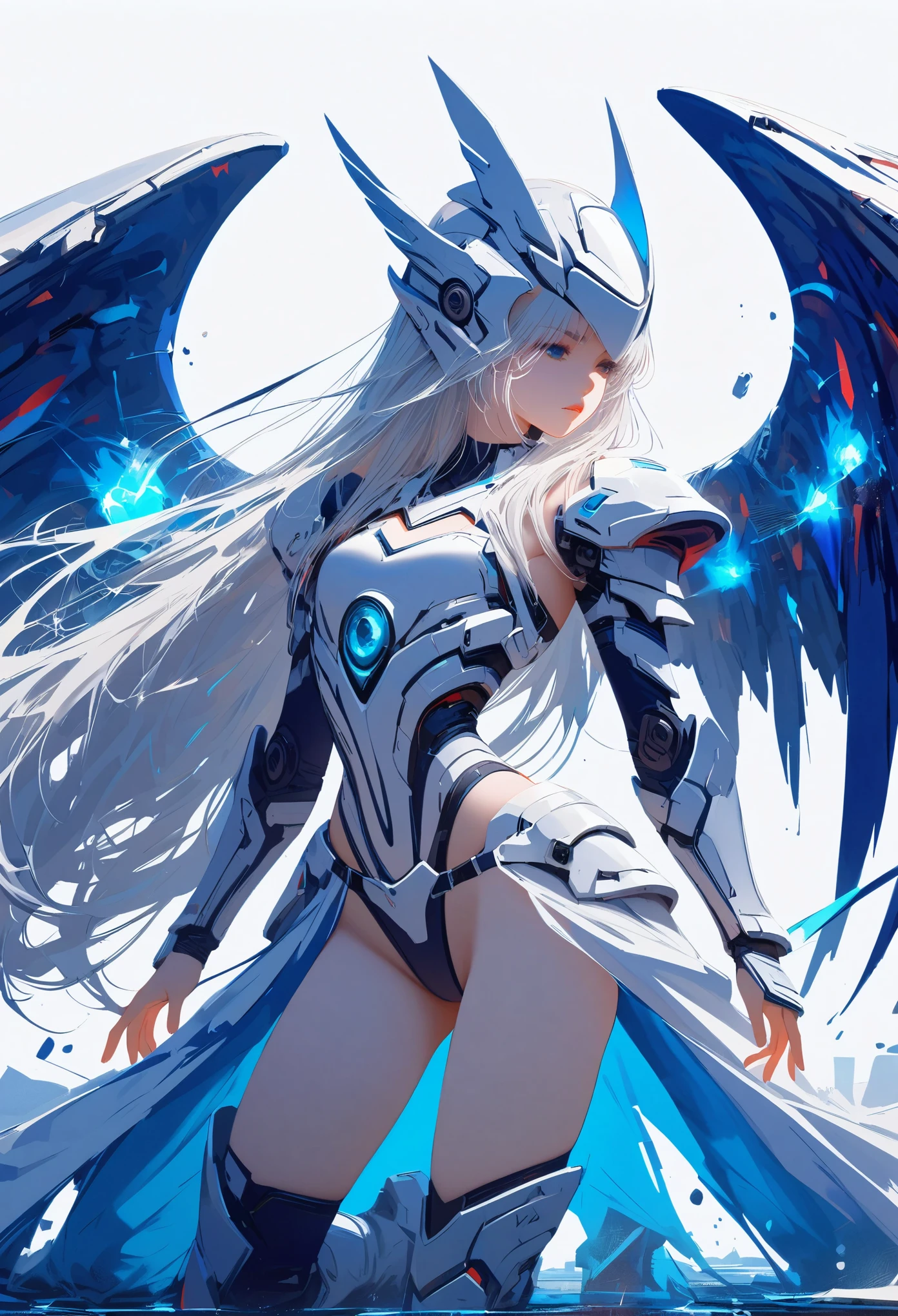 masterpiece, best quality, colorful, cowboy shooting, (pale skin:1.2), flat chest, Mecha, armor, girl,Mechanical_Body, High resolution, white hair, Very long hair, garlic, , alone, blue eyes, white coat, Soft fabric waist extension, blue energy, destroy, quantum energy, Mechanical wings