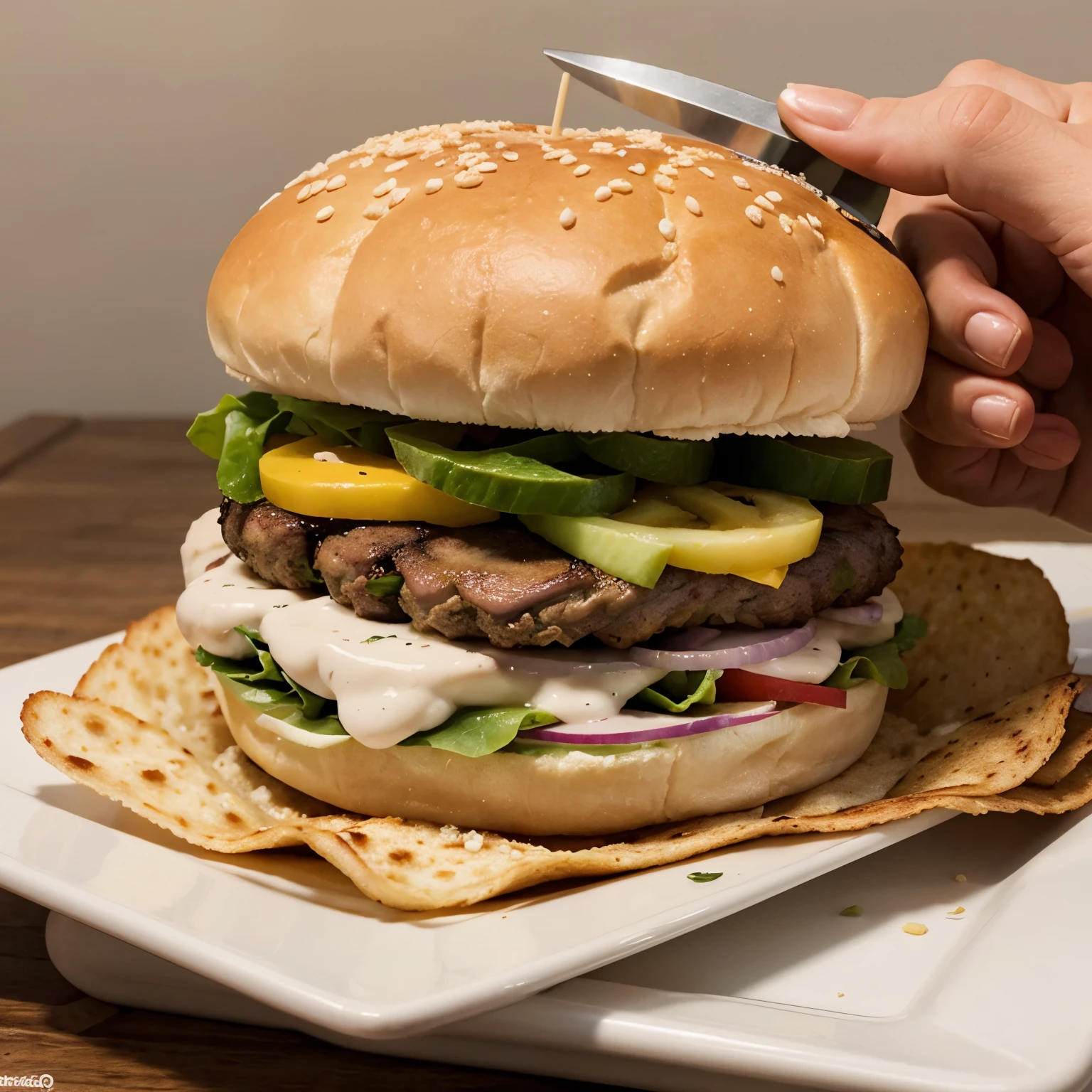 Una caricatura de una hamburguesa , que sea un cocinero con un cuchillo en una mano,fondo blanco , .