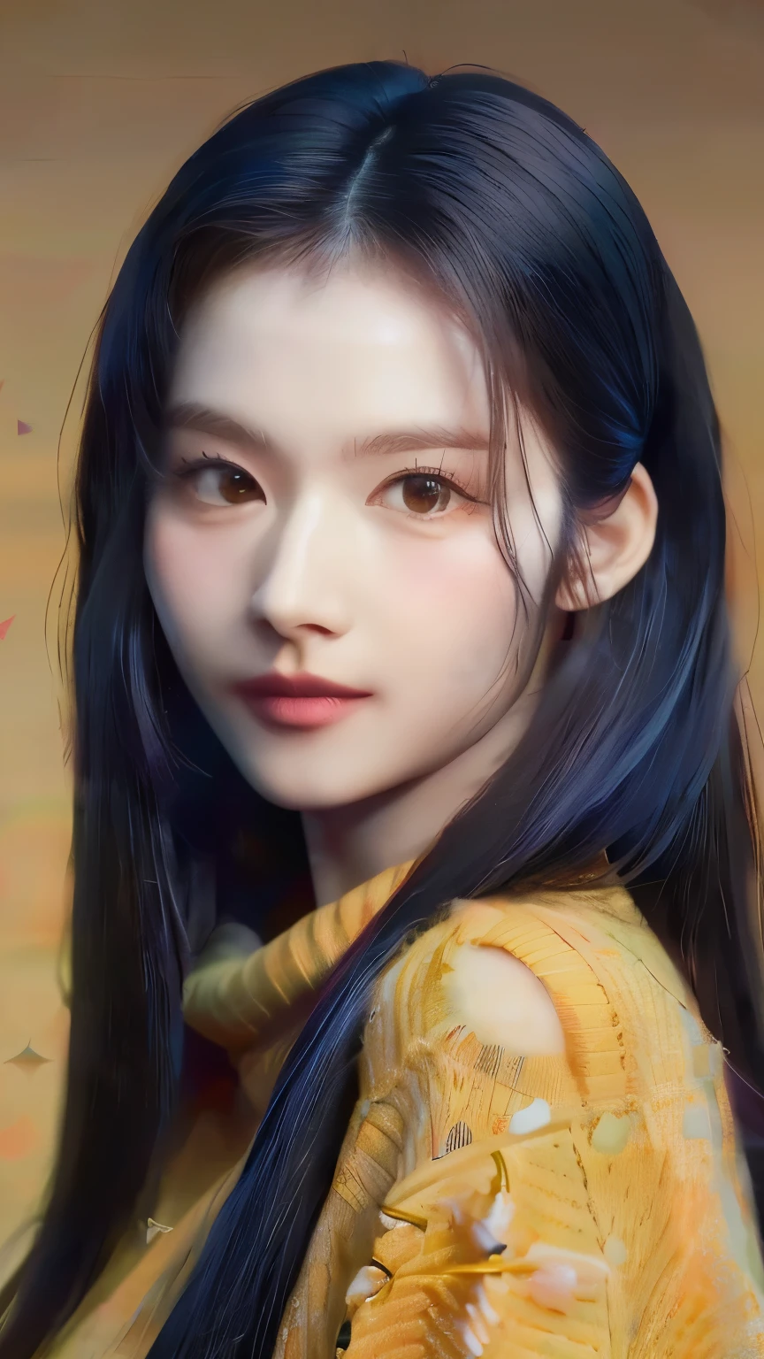 A closeup of a woman with long black hair wearing a yellow sweater, retrato suave 8 k, realista. ChengYi, kawaii realista portrait, Renderizado de retratos en 8k, inspirado en Yanjun Cheng, muchacha coreana, hermoso retrato de cara, pelo negro y ojos grandes, beautiful realista photo, yanjun chengt, beautiful realista face, photorealista beautiful face,  Face Korean, Korean Woman, Korean Fem, K-pop group, K-pop Twice, Twice, Sana, Sana Face, Sana Twice, Minatozaki sana, Sana k-pop