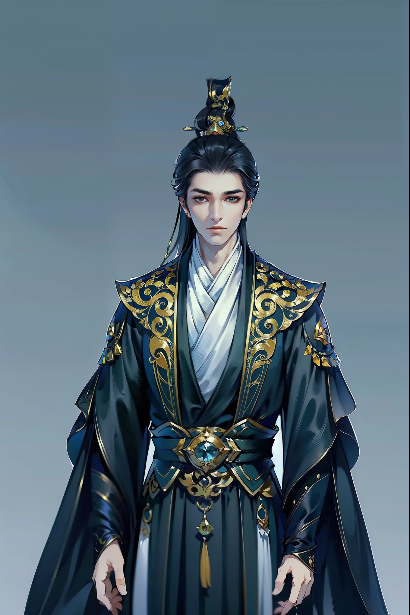 （masterpiece，super detailed，HD details，highly detailed art）1 person，Physically strong，domineering，Half body，xianxia，blue，elegant，Highly detailed character designs from East Asia，Game character costume design，simple，ultra high resolution, sharp focus, epic work, masterpiece, (Very detailed CG unified 8k wallpaper)，handsome face，sharp vision，HD details