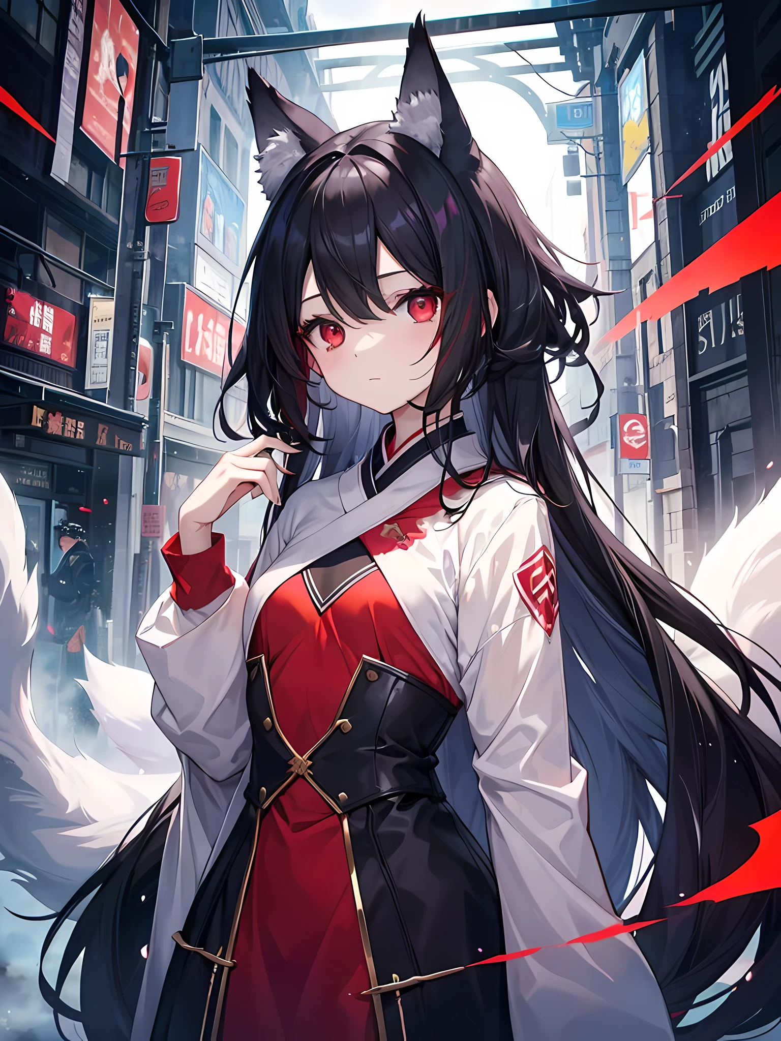 beautiful woman、red eyes、Drooping eyes、black hair、Height is 140 cm、Age is 10 years old、small breasts、Character is genius、Race is wolf、live underground、Charm point is beautiful
