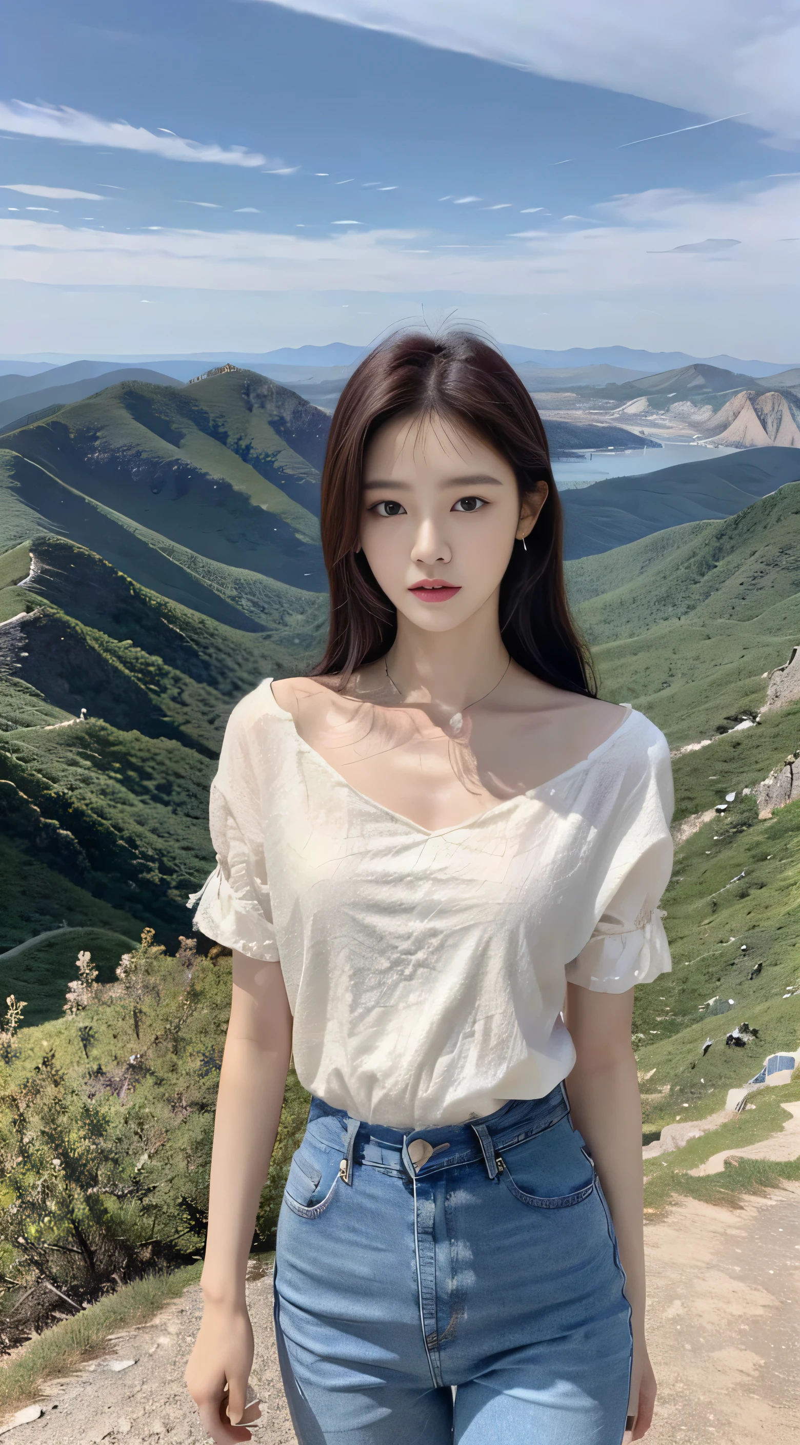 korean woman, (masterpiece, Beautiful people, natural grace), Virtual YouTube, Standing on a mountain peak, Looking into the distance, Purple T-shirt, White sandcoat, jeans, Delicate skin texture, Detailed cloth texture, Exquisite and delicate face, masterpiece, clavicle, slim waist, slim.