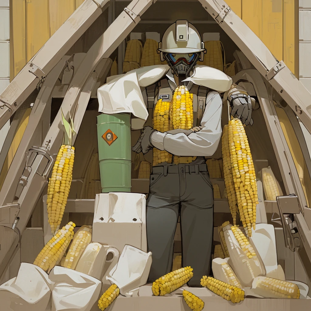 Create a logo with the theme of an engineer with a helmet and vest in a stall selling corn.