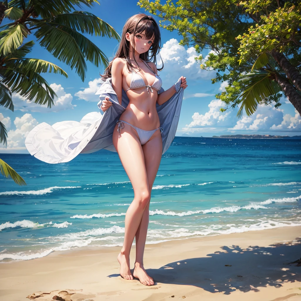 Beautiful girl undressing on the shores of the beach