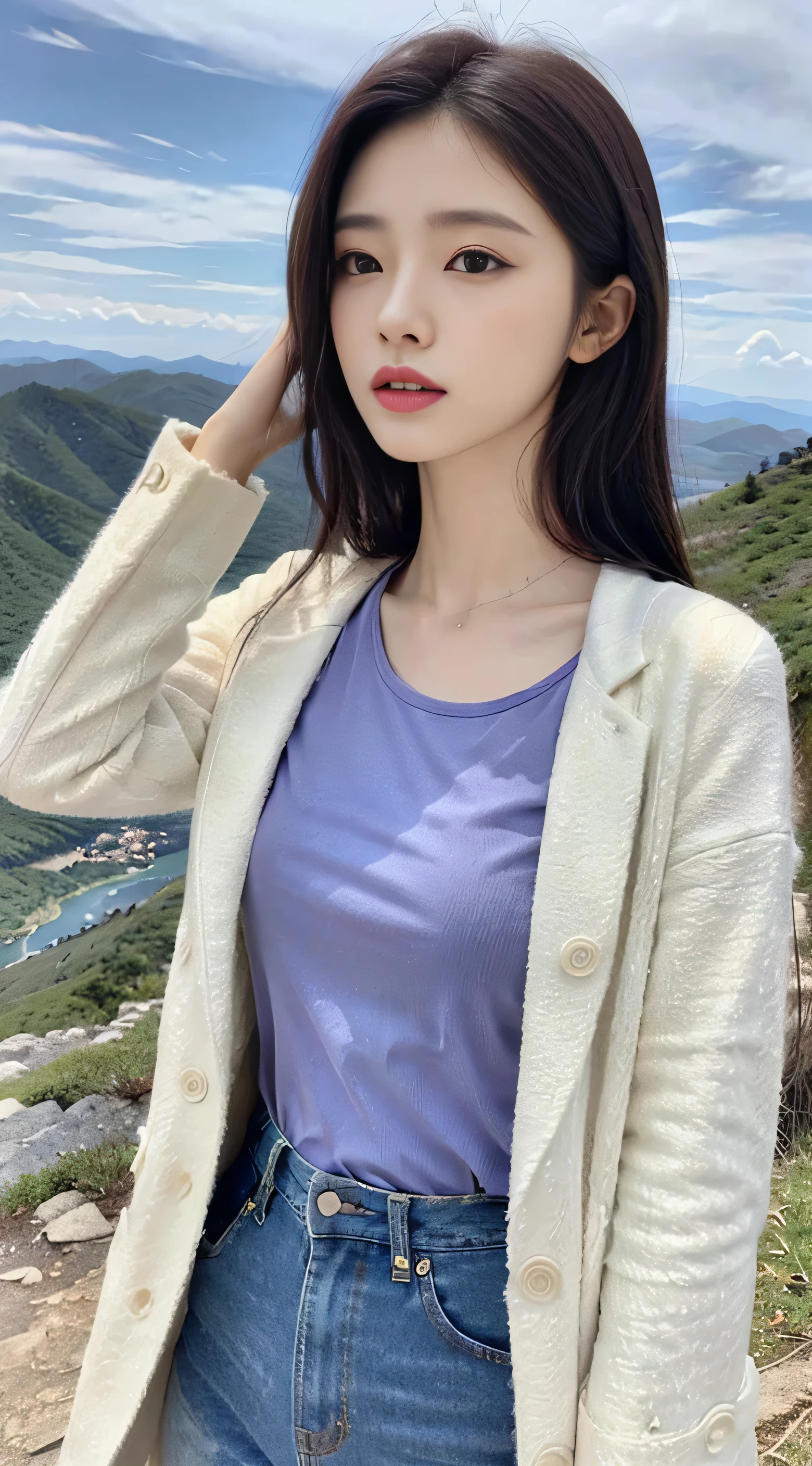 korean woman, (masterpiece, Beautiful people, natural grace), Virtual YouTube, Standing on a mountain peak, Looking into the distance, Purple T-shirt, White sandcoat, jeans, Delicate skin texture, Detailed cloth texture, Exquisite and delicate face, masterpiece, clavicle, slim waist, slim.