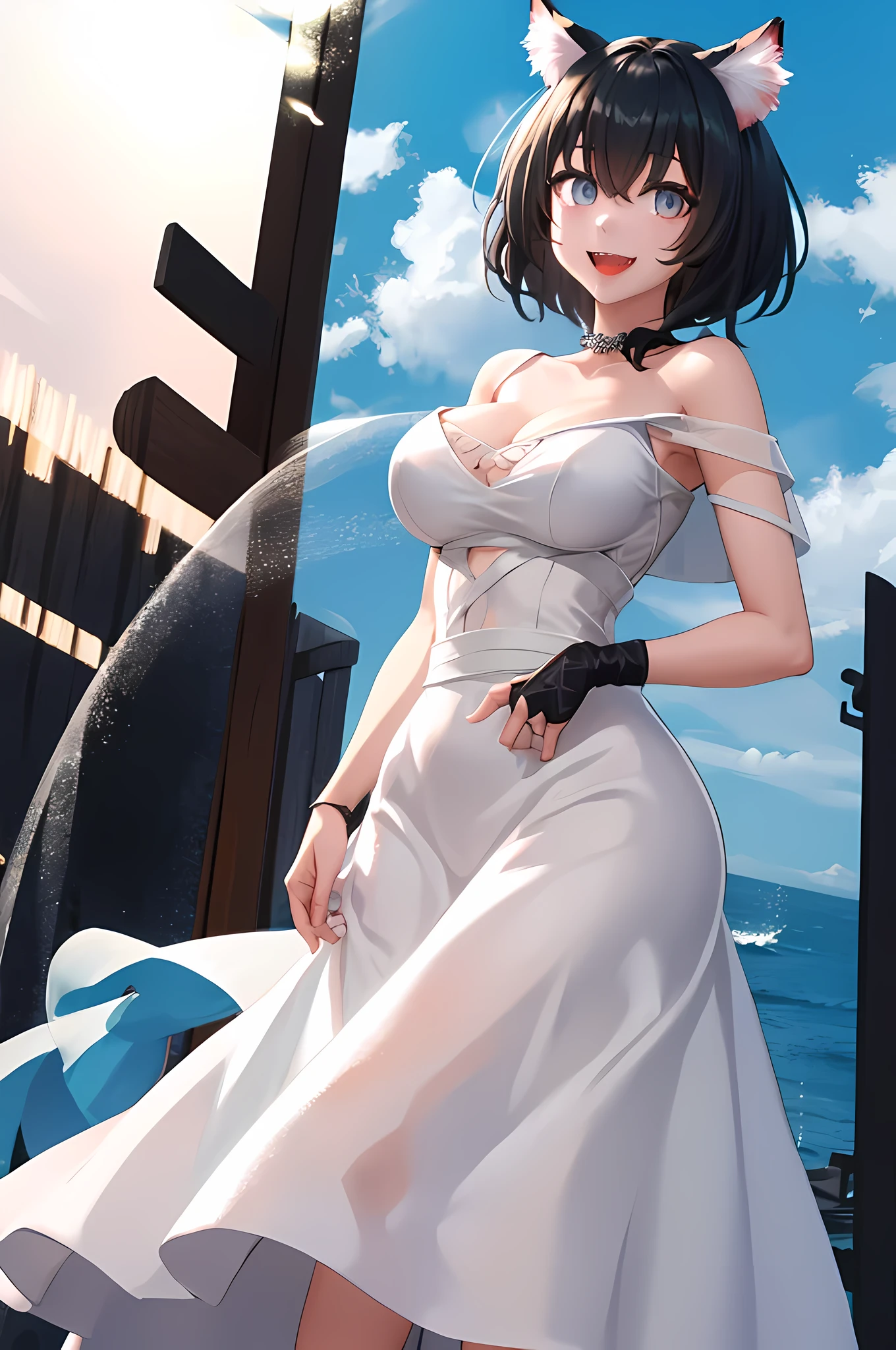 masterpiece, best quality,   miria, cat ears, short hair, wedding dress, long dress, bridal veil, frills, white dress, cat tail, large breasts, ocean, looking at viewer, smile, :D, fangs