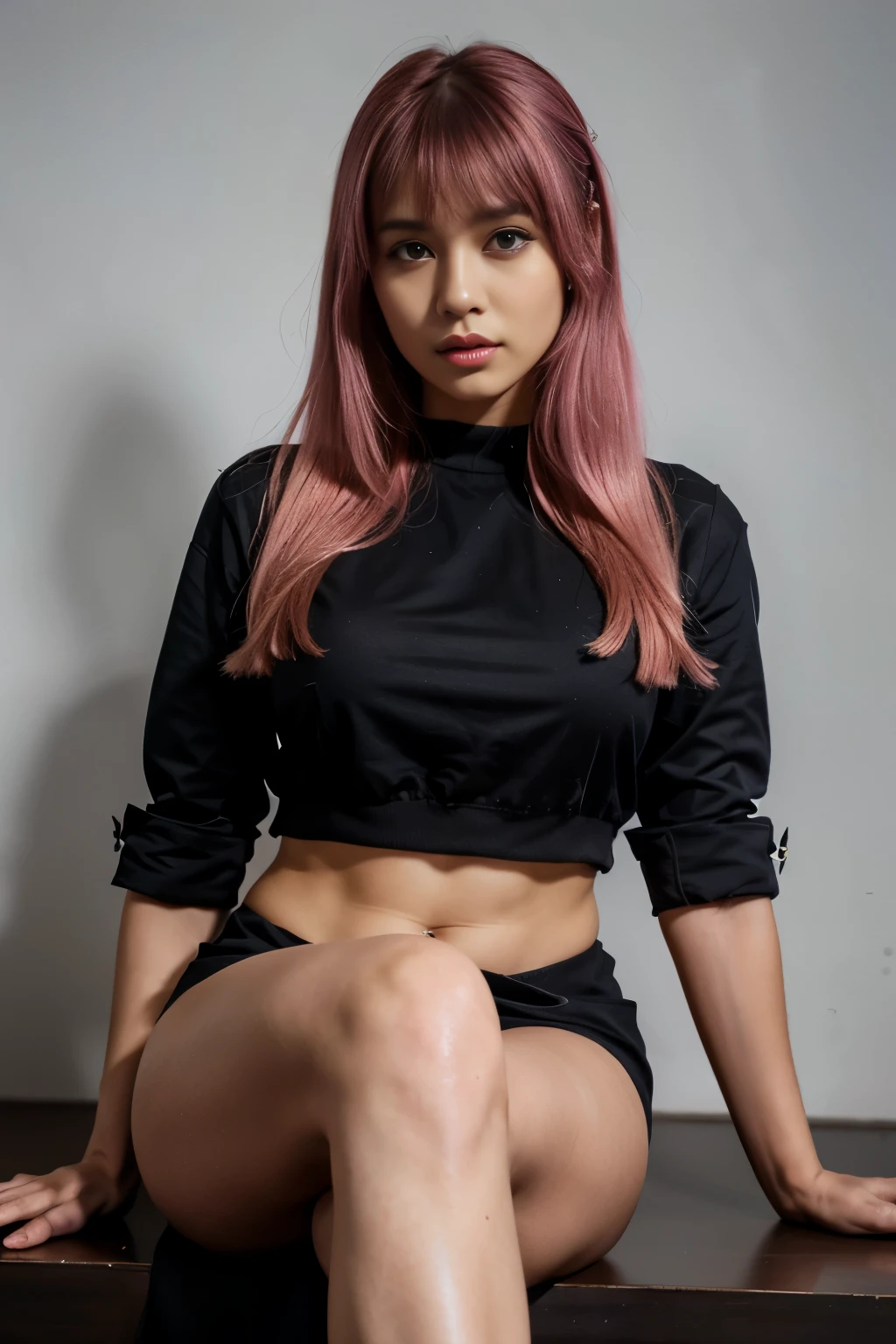 Portrait of A confident-looking 21 year half Indian half Japanese corporate girl, pink hair, bangs, small eyes, piercing, hazel eyes, sitting in office wearing black dress, abs visible, perfect composition, hyperrealistic, super detailed, 8k, high quality, highly detailed, masterpiece, working on laptop, full body,