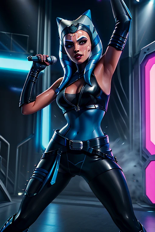 Aayla Secura as a 20-year-old Pop Star, in high definition 3D, cyberpunk style, stylish, wearing black leather sleeveless clothes, blue-black leather pants with a silver zipper and belt below the waist, dancing and singing on stage