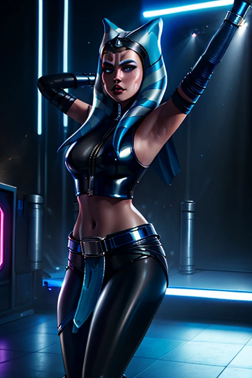 Aayla Secura as a 20-year-old Pop Star, in high definition 3D, cyberpunk style, stylish, wearing black leather sleeveless clothes, blue-black leather pants with a silver zipper and belt below the waist, dancing and singing on stage