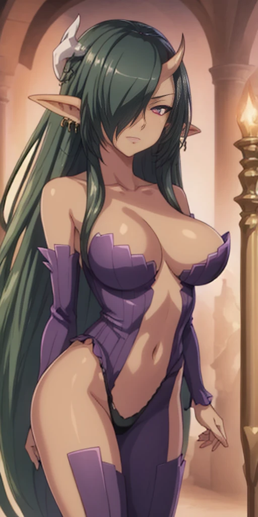 masterpiece, best quality, 4k, face close-up, portrait, 1girl, solo, beige hair, light green hair, pale green hair long hair, purple eyes, empty eyes, small breasts, (oni girl, oni horns, forehead horns), serious, neutral, white blouse, one piece blouse, medieval fashion, standing, arms behind back, looking at viewer, white background, simple background, transparent background