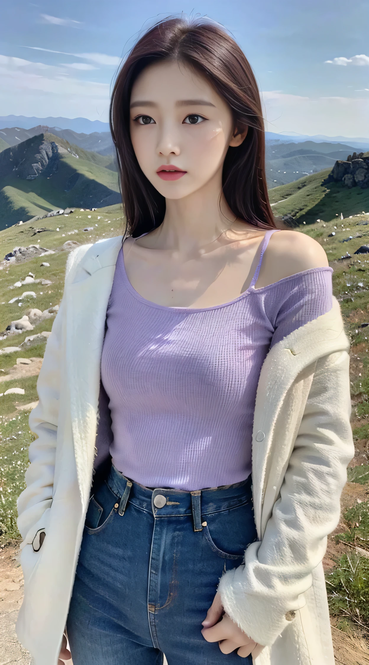 korean woman, (masterpiece, Beautiful people, natural grace), Virtual YouTube, Standing on a mountain peak, Looking into the distance, Purple T-shirt, White sandcoat, jeans, Delicate skin texture, Detailed cloth texture, Exquisite and delicate face, masterpiece, clavicle, slim waist, slim.