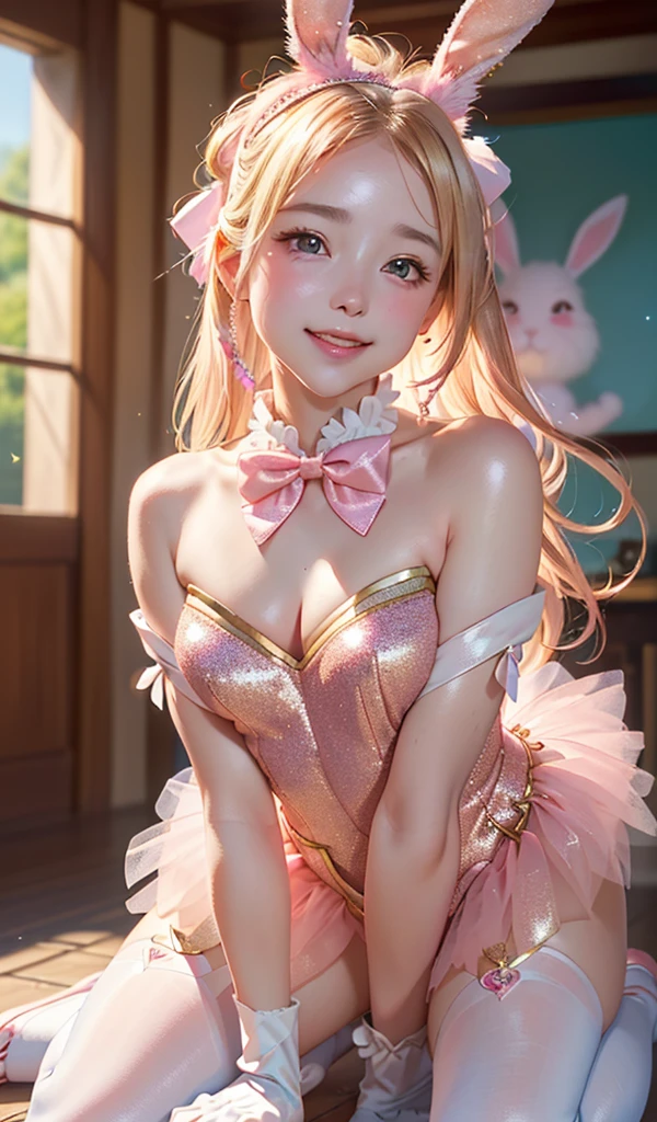 masterpiece, best quality, extremely detailed CG unity 8k wallpaper, (Upper Body head close-up shot of a beautiful  girl), Wendy, Elegant Long straight blonde hair, (Mckenna Grace), ((flat chest,thighs)), ((pink-Cyan)) golden ((Glittering tutu,long Bunny Ear Headgear, glove, Bow-tie, zettai ryouiki)), ((Kneel,,from below)), (Blush), oil skin, (seductive smile), (Wonderland), pretty face, key art, award winning, intricate detail realism hdr, by (ruan jia and artgerm and range murata), Photorealism, Hyperrealism, ultra realistic, dramatic light, intense shadows, gorgeous view, depth of field
 
