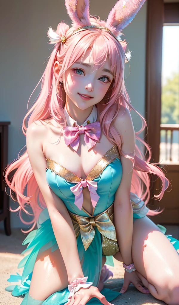 masterpiece, best quality, extremely detailed CG unity 8k wallpaper, (Upper Body head close-up shot of a beautiful little girl), Wendy, Elegant Long straight blonde hair, (Mckenna Grace), ((flat chest,thighs)), ((pink-Cyan)) golden ((Glittering tutu,long Bunny Ear Headgear, glove, Bow-tie, zettai ryouiki)), ((Kneel,,from below)), (Blush), oil skin, (seductive smile), (Wonderland), pretty face, key art, award winning, intricate detail realism hdr, by (ruan jia and artgerm and range murata), Photorealism, Hyperrealism, ultra realistic, dramatic light, intense shadows, gorgeous view, depth of field