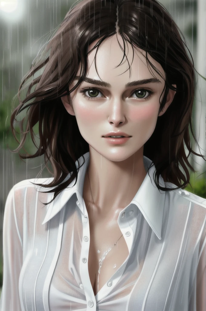 Keira Knightley, white shirt, unbuttoned, clean face, no makeup, natura, wet, rain, portrait, 50 mm