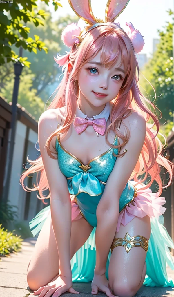 masterpiece, best quality, extremely detailed CG unity 8k wallpaper, (Upper Body head close-up shot of a beautiful little girl), Wendy, Elegant Long straight blonde hair, (Mckenna Grace), ((flat chest,thighs)), ((pink-Cyan)) golden ((Glittering tutu,long Bunny Ear Headgear, , Bow-tie, z)), ((Kneel,all fours,from below)), (Blush), oil skin, (seductive smile), (Wonderland), pretty face, key art, award winning, intricate detail realism hdr, by (ruan jia and artgerm and range murata), Photorealism, Hyperrealism, ultra realistic, dramatic light, intense shadows, gorgeous view, depth of field
 
