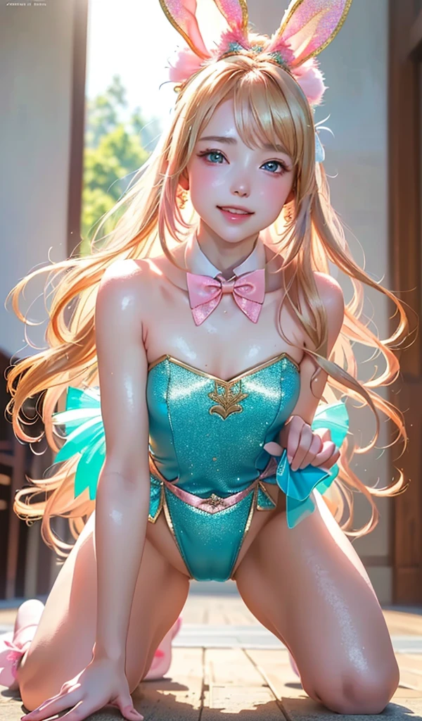 masterpiece, best quality, extremely detailed CG unity 8k wallpaper, (Upper Body head close-up shot of a beautiful ), Wendy, Elegant Long straight blonde hair, (Mckenna Grace), ((flat chest,thighs)), ((pink-Cyan)) golden ((Glittering tutu,long Bunny Ear Headgear, , Bow-tie, z)), ((Kneel,all fours,from below)), (Blush), oil skin, (seductive smile), (Wonderland), pretty face, key art, award winning, intricate detail realism hdr, by (ruan jia and artgerm and range murata), Photorealism, Hyperrealism, ultra realistic, dramatic light, intense shadows, gorgeous view, depth of field