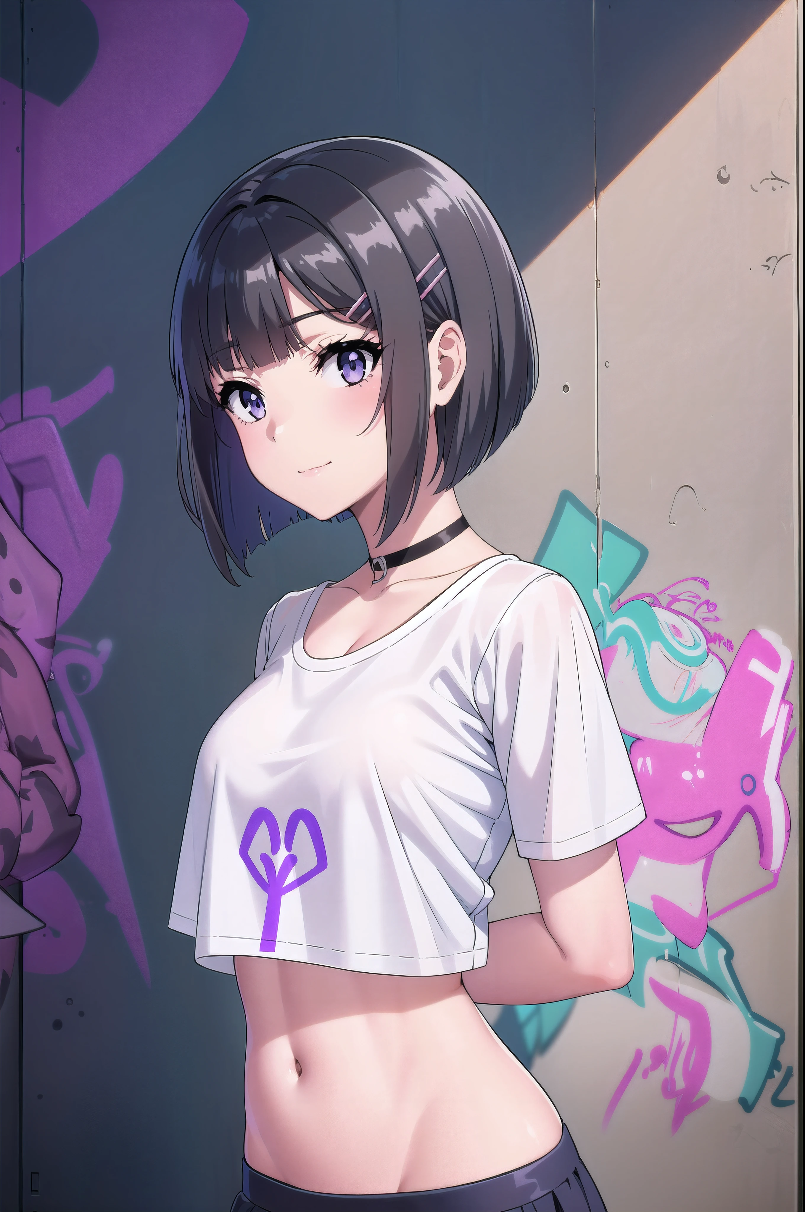 masterpiece, best quality, 1girl, solo, hair ornament, (purple eyes:1.1), hairclip, rabbit hair ornament, stylish crop top, smile, vibrant short grey hair, bobhair, short-hair, short bob hair, (((bobcut))), bob haircut, very short bob cut, lip length hair, blunt ends, (sciled bob), buzzed nape ((haircut:1.3)), undercut, bobbed hair, minibob, sidecut, shaved, graduation bob, straight short hair, short hair above the ears, Shot diagonally from the side, elegant braid, soft bangs, upper body, alluring choker, (graffiti:1.5), artistic paint splatter, seductive arms behind back, leaning against wall, exposed back, fashionable armband, urban hiphop style, flirty skirt, playful head tilt, intense expression, warm orange, dynamic asymmetrical design, bold geometric shapes, creative street art