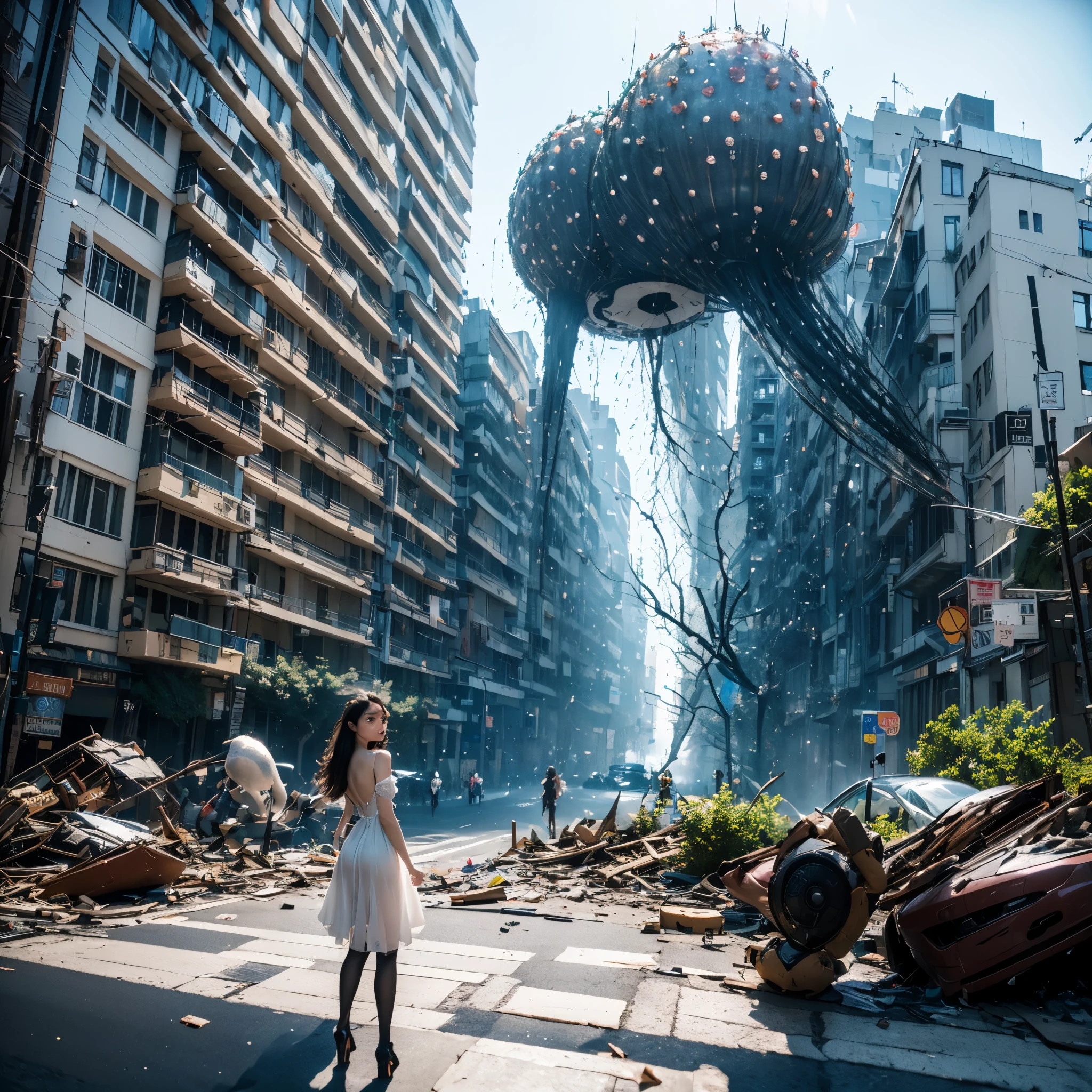 (highest quality、4k、8k、High resolution、master piece: 1.2)、Super detailed、(real、photorealistic、photorealistic: 1.37)、Destruction of a Great City、(A telekinetic woman stands in front of a giant jellyfish robot controlled by an invader.:1.37) 、(Women are young and beautiful、18-year-old、unparalleled beauty:1.5)、Insert mental barriers to resist robot attacks、vibrant cityscape、Bright colors、Shining skyscrapers、busy street、Futuristic architecture and technology、Advanced holographic display、Neon light splashes 、dramatic lighting、intense shadow、Awe-inspiring power that exudes from women、Determination in His Eyes、An elegant flowing gown、Dynamic action in the wind、Reach out and rush towards the robot.、A powerful energy emanates from the hands、Blue glowing aura、sparks of electricity、electricity crackling in the air、A vortex of energy surrounding a woman、A fascinating and surreal atmosphere、A sense of danger and impending destruction、Background chaos and destruction、Crumbling buildings、flying debris、Smoke and flames、 The contrast between beauty and destruction、The war between technology and the extraordinary power of young women,A jellyfish robot is destroyed by a telekinetic woman and falls apart