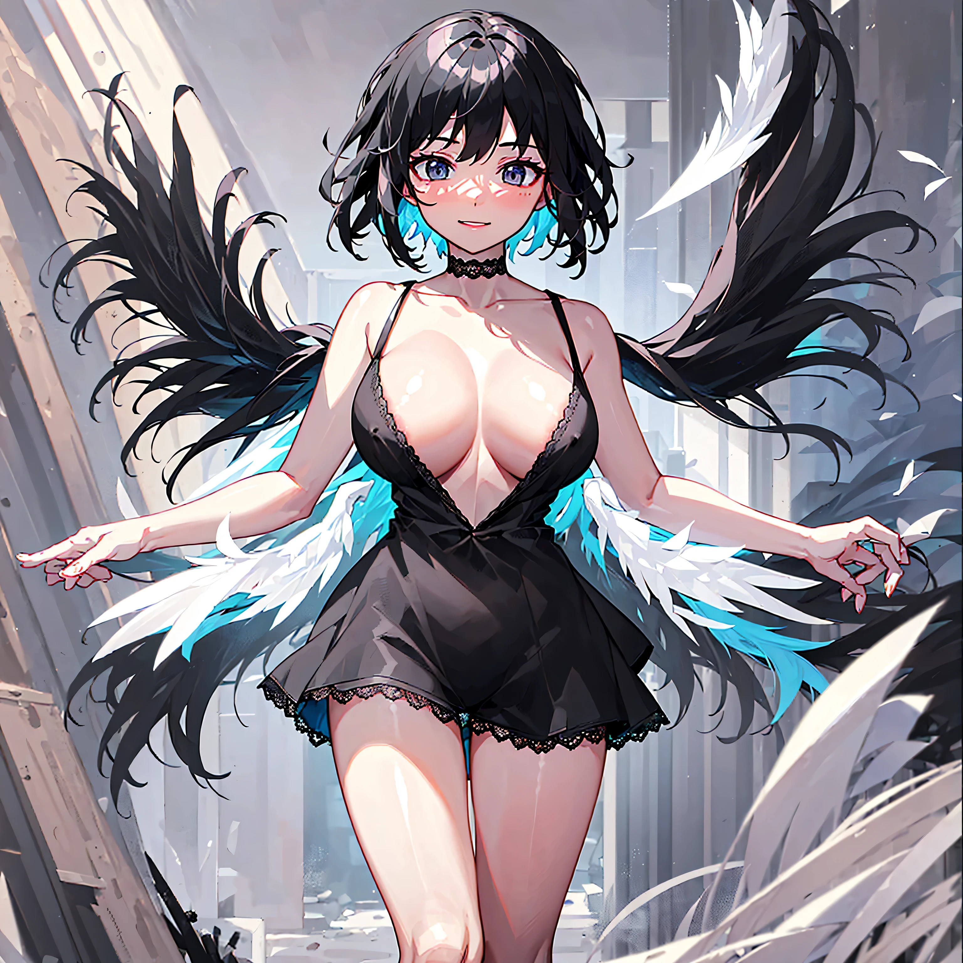 (1 seraphim girl standing on peak of frozen snowy mountain) higher than overcast, blowing frozen wind, (solo), swinging back, multiple wings, (she has 12 wings on her back), (6 white wings:1.5) and (6 black wings:1.5), BREAK, (wearing nothing without a lace trimmed sheer short black chemise:1.8), (black plunging neckline:1.2), shoulder straps, too short black skirt flapping by wind, stiletto heels, BREAK, (black short hair:1.3), sidelocks, black eyes, collarbone, (bouncing large perky breasts:1.2), (cleavage), inconceivably narrow waist, (bared skinny arms), (bared skinny long legs), thigh gap, tiptoe, BREAK, baby face, nose blush, smile for viewer, open mouth, orgasm, BREAK, full body, (extremely detailed CG unity 8k wallpaper), (beautiful detailed), (ultra high resolution), (masterpiece:1.2), (best quality), (beautiful illustration)