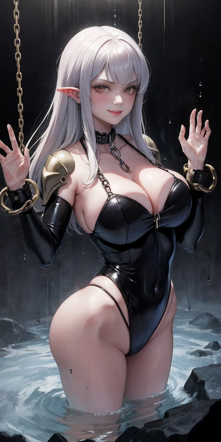 1990s style, dark fantasy anime illustration of a (mature MILF BIMBO Dark Elf with grey skin and short white hair), (UPPER BODY) perfect face, wearing tight leather stealth armor, stalking her victim at DAYLIGHT, ambient light, dark and moody, retro style, BIG KNOCKERS CLEAVAGE, lustful smirking smile red blush red cheeks, chain leash, kneeling, shackles, leather black collar slave, ((BLACK background)) hands on glass breasts on glass ass on glass window fog water drop