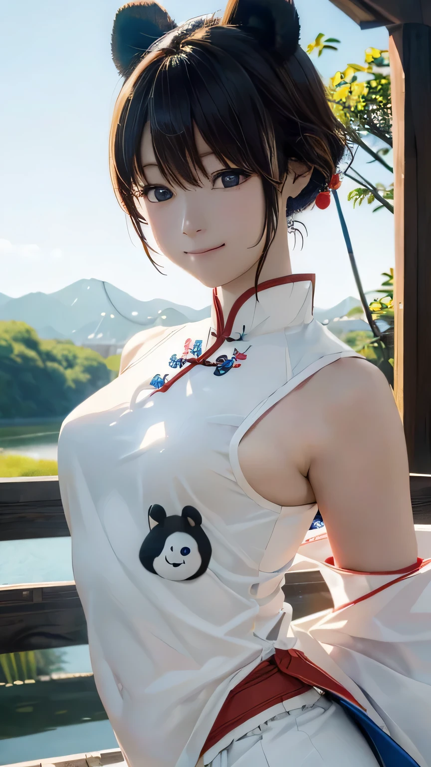 A Japanese girl is siting near big river,small mouse, small nose ,exquisite and beautiful face, charming fragrant shoulders, shoulders slightly exposed, hair ornaments ,smile with teeth, peach Red lips, tender and smooth skin,(white skin:1.6),black hair,short hair,(smile:1.2),very realistic details,  ultra-high resolution,bokeh,outstanding details, 8K